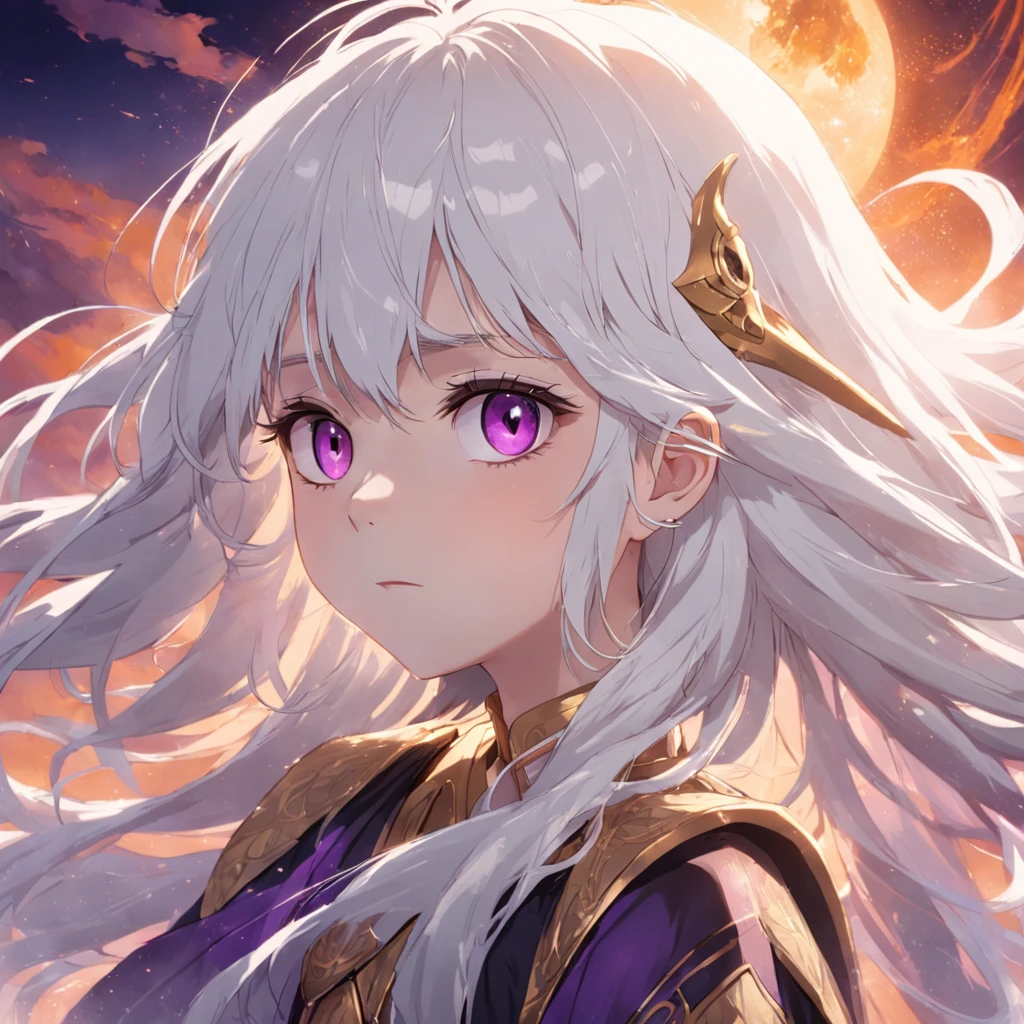 white hair boy,dark circles,Purple eye,Gold-detailed wizard tunic,tmasterpiece,best qualityer,cinematic Film still from,1girll,cloud girl,floating into the sky,Bright up close,cheerfulness,Soft lighting and warmth,Sun sunset,(spark of light:0.7)