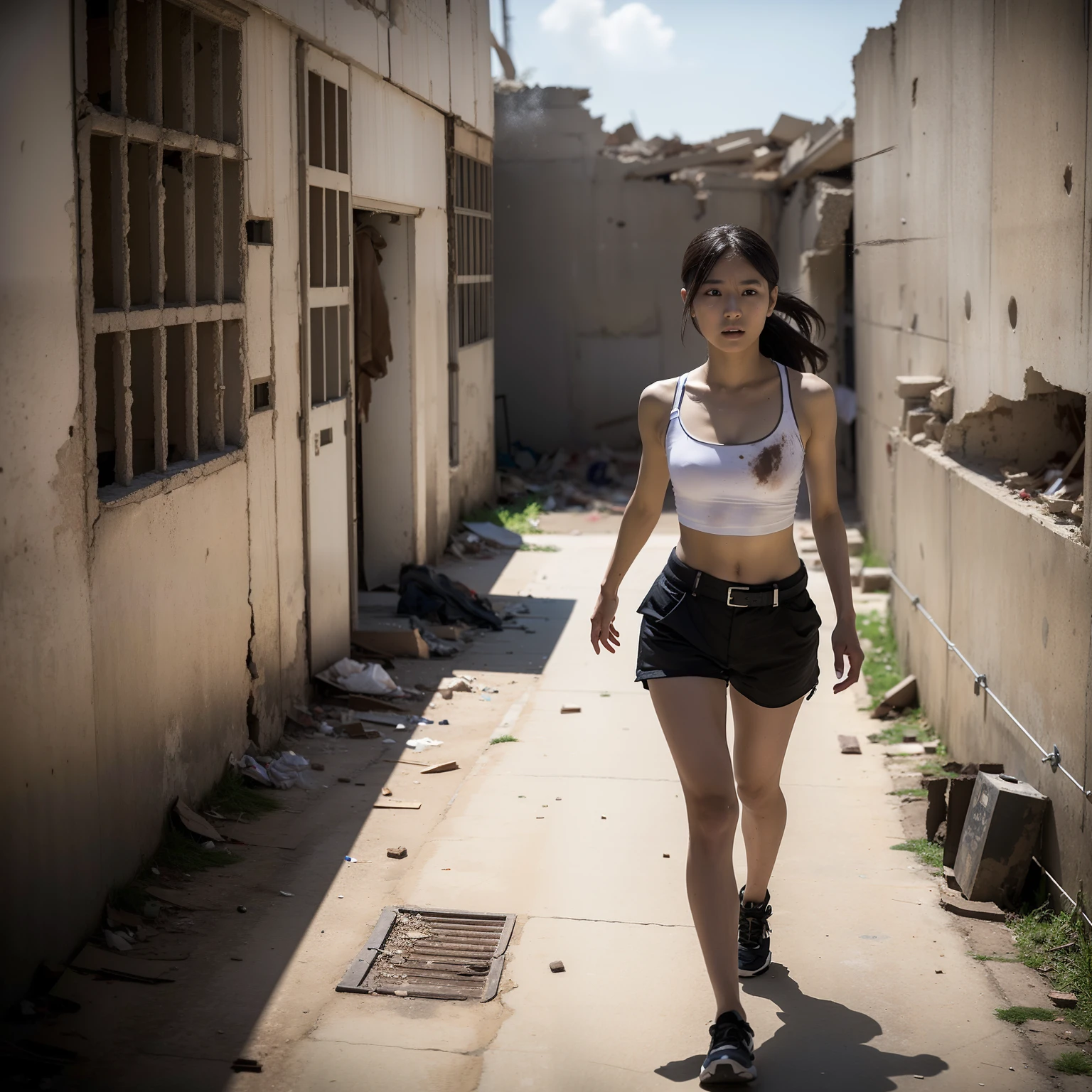 (8K分辨率,Photos of running),(1womanl,20yr old,((Face with thin bones,Vicissitudes of face,Face with stains,详细的脸)),(Messy long hair),(Pitch-black eyes,Looking for food),Rough skin with stains,(The skin is covered with dust and dirt),Barren and sagging breasts,(T-shirt with no sleeves torn,(torn outfit,The clothes are stained,No corsets,Randomly broken nudity),(Worn-out shorts),(A thin body),Handguards for broken strips of cloth,bonny body,(Run through the ruins),perfect hand,Ultra-fine clothing material),((Ruins after the war,Remains Cliff,(Black smoke wafted in the sky),(Walls full of bullet craters)),Brutal civilian survival,Garbage everywhere,Exquisite environmental details)),(Professional lighting,动态照明),((The color is uniform,(white colors,brown pubic fur,black in color,greys))),(Golden section,War movie footage,Hasselblad photograp,tmasterpiece:1.3),(End-time survival,Brutal war survival,Artis,Art platform)