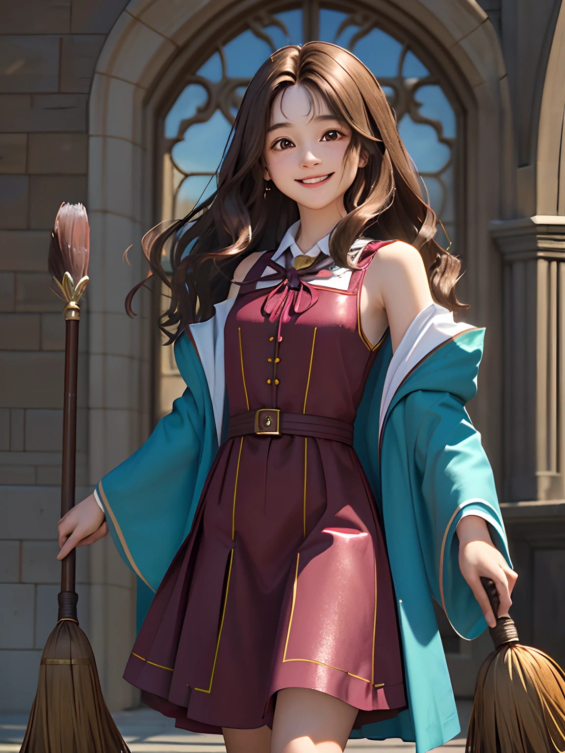 ((masterpiece:1.2), (best quality:1.2), looking at viewer, bare and fair skin,Wizarding world, shimmer reflected on hair, long hair fluttering in the wind, (wavy shoulder length hair), hair middle part, energetic , smily, happy , 15 year old eauropen girl, dark brunette hair, Brown eyes, victorian simple dress, gryffindor, red color, active young girl carry a broom, medium size breast, teenager, charming smile for a lady, harry potter robe, harry potter wizard school, hogwart school.
