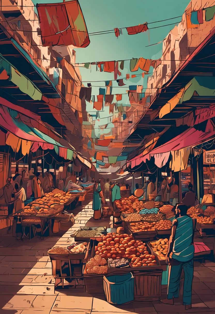A market where many people participate,There are no buildings on either side of the bazaar