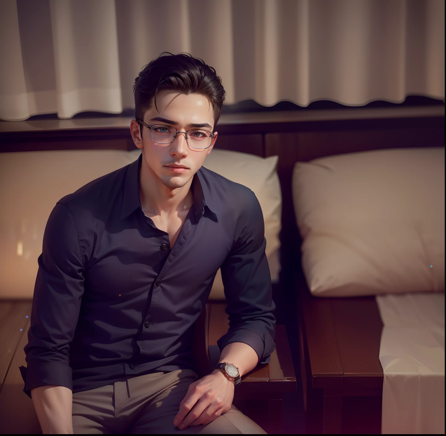 Casual pose, (extremely delicate and beautiful work), (masterpiece), 1boy, overbearing president, gold wire glasses, white shirt, high detail, suit, watch, cold expression, clear eyes, simple bokeh background, extreme detail depiction, handsome and compelling, super fine painting, delicate face, fine mix4, (8k, RAW photo, best quality, masterpiece: 1.2), (realistic, realistic: 1.37), 1boy, handsome, cityscape, (((night))), rain, wet, professional lighting, photon mapping, radiosity, physically-based rendering,