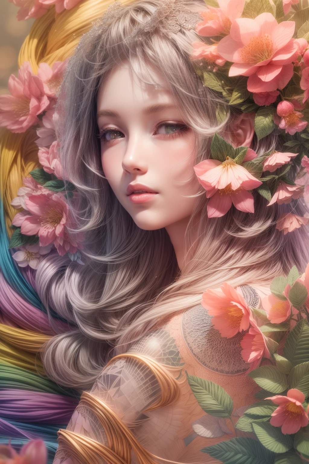 Rainbow Colors theme,(1 girl,Masterpiece peach blossoms), (illustration:1.2,paper art:1.2, zentangle:1.2, geomerty:1.2,3D render),(Best quality, high detailed, Masterpiece, Cinematic Lighting, 4K, Chiaroscuro)