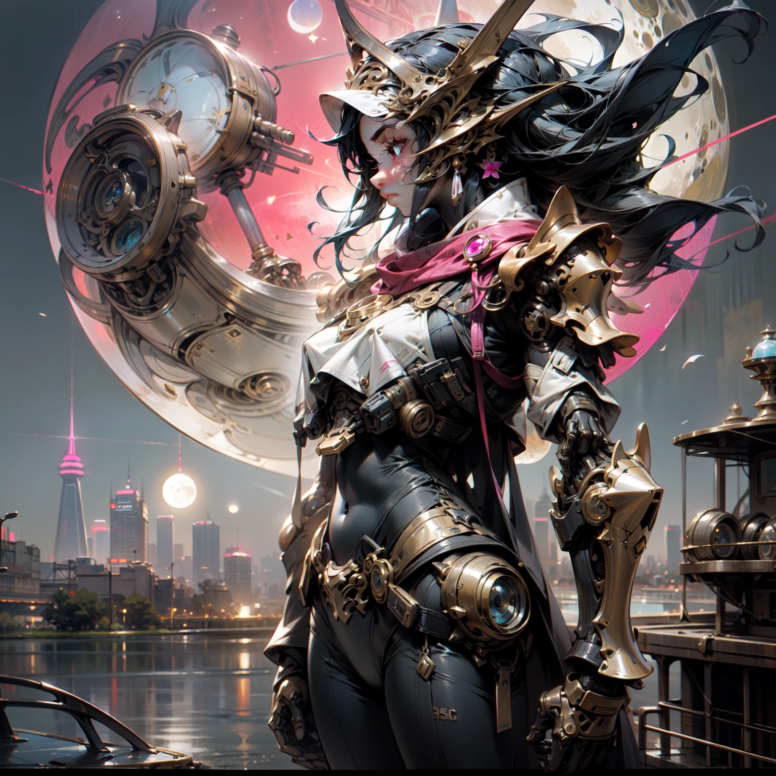 beautiful african american woman cyberpunk imperator, steampunk armor, hero pose, epic cyberpunk style, in pink and white, Venus planet Oasis with lake and moons in the sky, intricate details, 8k, robot dragon army, clear photo taken with Laica, wide shot lens, whole body, HD, UHD, 1080P, 4K, 8k, 16k, masterpiece, ccurate, anatomically correct, textured skin, super detail, high details, high quality, award winning, best quality, highres