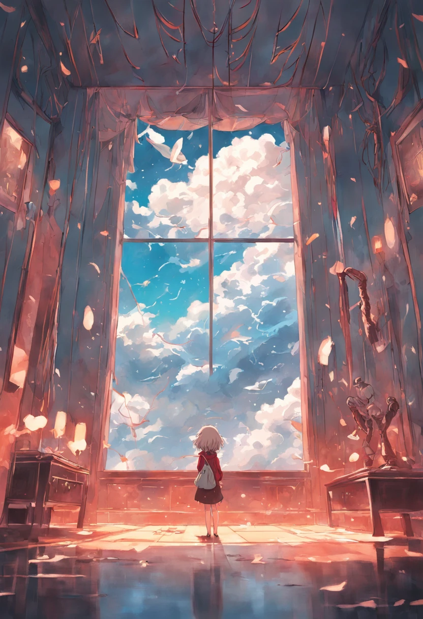 inside in room，janelas，A cloud drifted in from the window，Indoor with ocean，Postmodern art style，pop-art