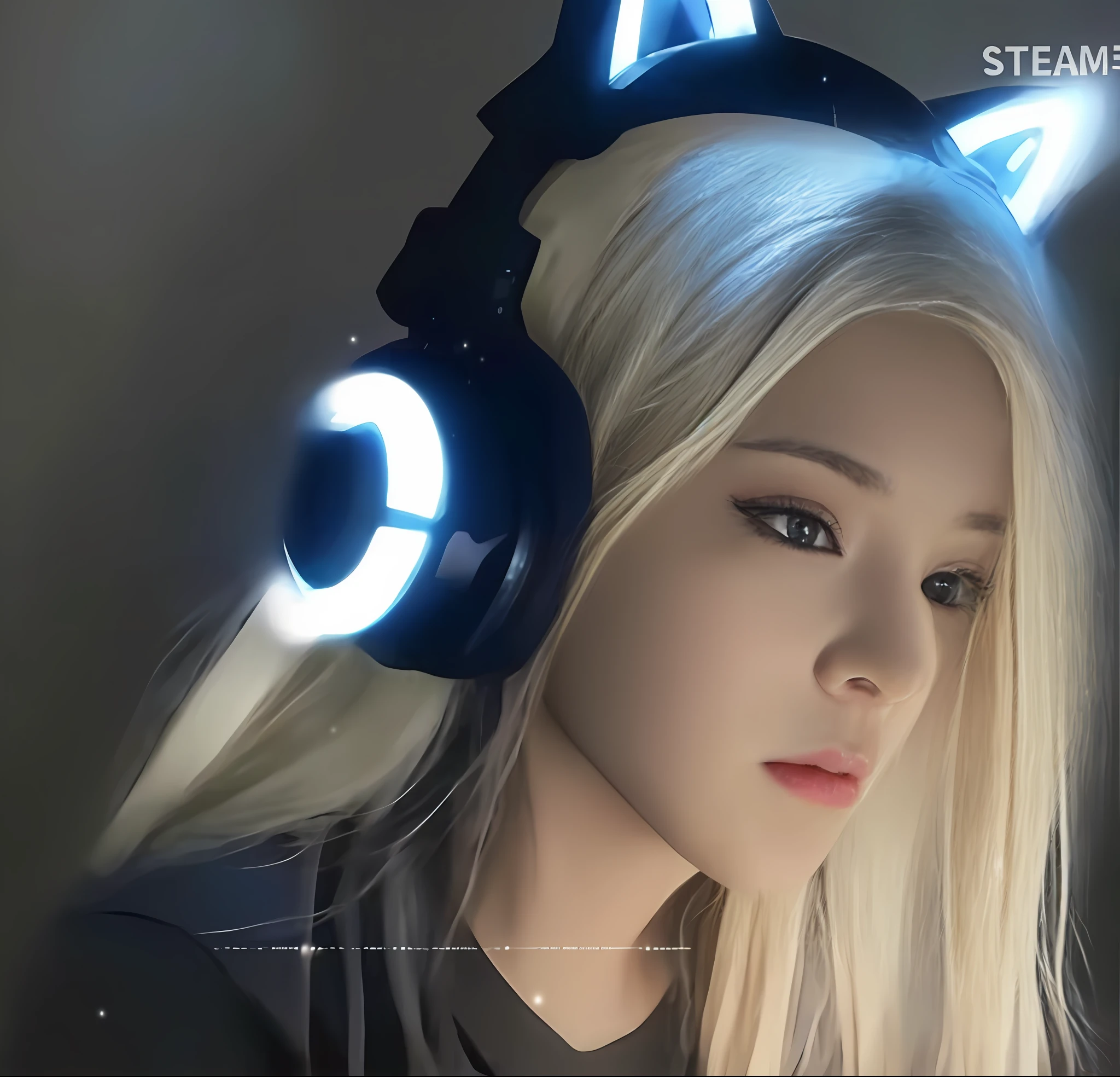 Blonde girl wearing headphones and glowing ears in dark room, Guviz-style artwork, realistic art style, Anime style. 8K, Realistic anime 3 D style, realistic anime artstyle, anime realism style, trending on cgstation, Realistic anime art style, realism art style, Guviz, Perfect white haired girl, anime styled digital art