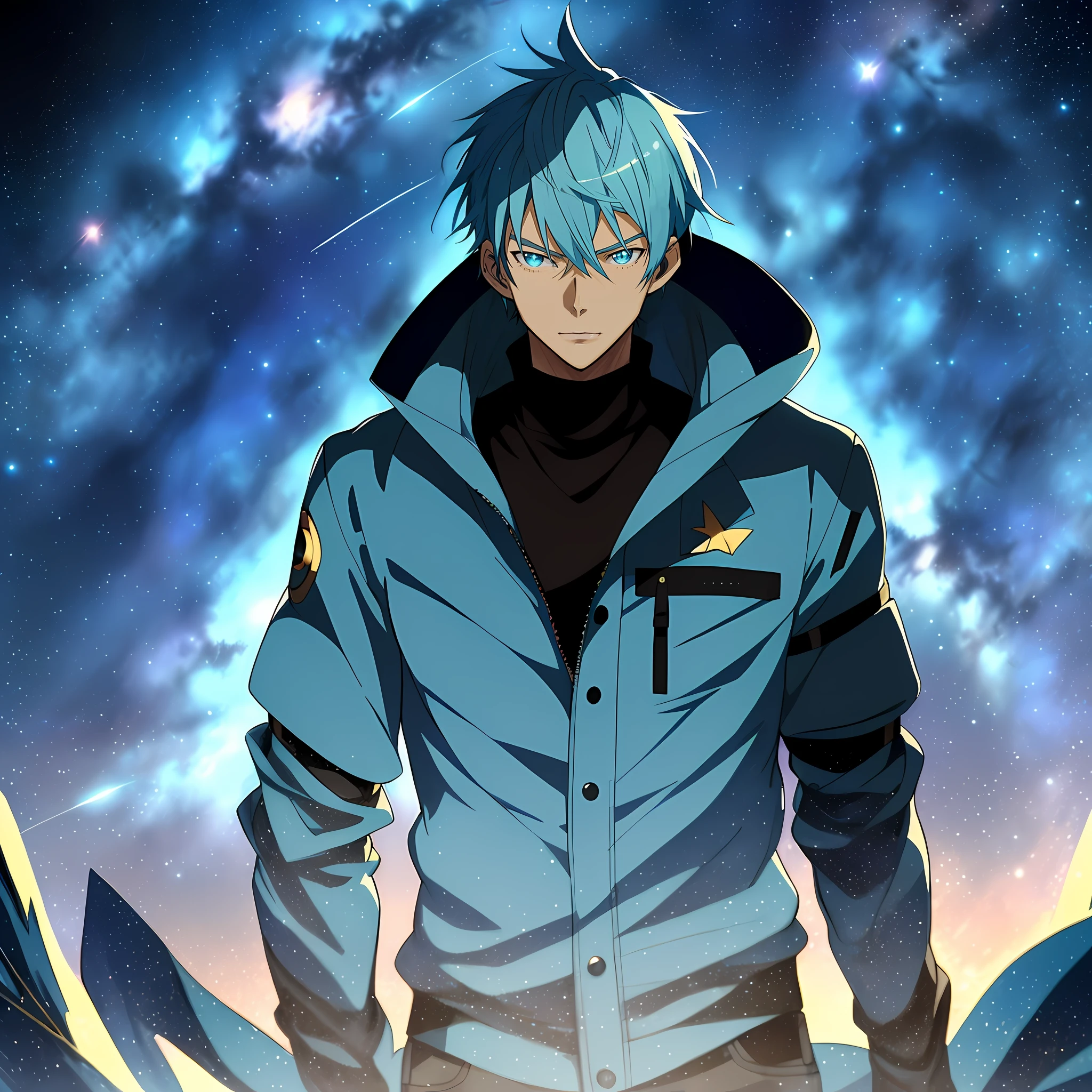 Anime - Style image of a man with blue hair and a blue jacket,Starry sky!Starlight,Starry sky,Desert at night,Key anime art,Tall anime guy with blue eyes,official anime still,Urano,key anime visuals,8K!on a galaxy looking background,Starry sky,shigenori soejima illustration,2 d anime style。