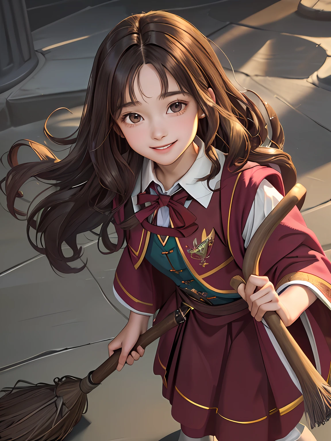 ((masterpiece:1.2), (best quality:1.2), looking at viewer, bare and fair skin,Wizarding world, shimmer reflected on hair, long hair fluttering in the wind, (wavy shoulder length hair), hair middle part, energetic , smily, happy , 15 year old eauropen girl, dark brunette hair, Brown eyes, victorian simple dress, gryffindor, red color, active young girl carry a broom, medium size breast, teenager, charming smile for a lady, harry potter robe, harry potter wizard school, hogwart school, long skirt.