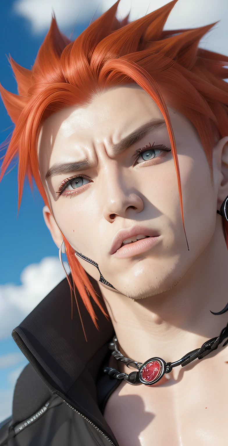 Pain Akatsuki with a fierce look in the Anime Naruto, sporting six piercings on one side of the ear, distinctive orange eyebrows, vibrant orange hair, a stylish black jacket with a striking red interior. Also, adorned with two piercings under the mouth and three nose piercings on both sides. Make like a real human. Potrait Photo
