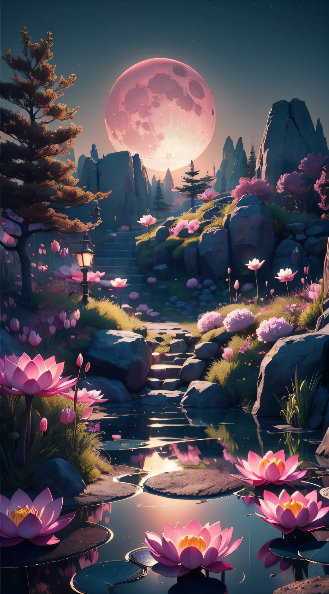Pink moon,(low-contrast), A masterpiece in colorful fantasy style, best qualtiy, high qulity, the Extremely Detailed CG Unity 8K Wallpapers,Chinese Traditional illustration style,the night,scenecy, exteriors,Chinese style buildings, mont, Skysky, Cloud fog,No Man, The landscape, Eau, pines,There are lotus flowers on the pond,naturey,award winning photography, Bokeh, depth of fields, hdr, flood, color difference , Photorealistic and realistic, The is very detailed, trends in art station, Trend of CGsociety, 复杂, high detal, dramatics,art by midjourney