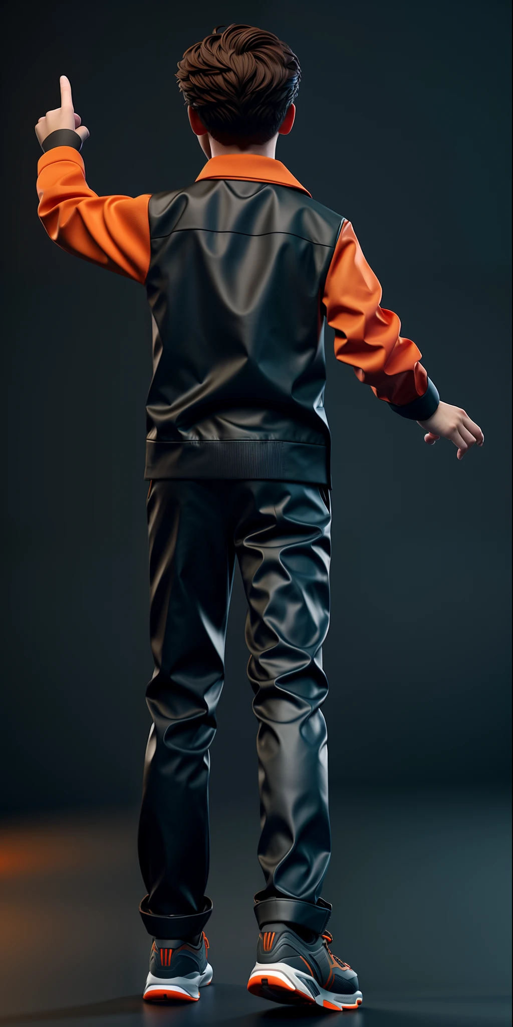 The boy wears orange tech-conscious clothes,Back shadow,pointing up,dressed stylishly,cheer,8k.3D,Ultra high quality