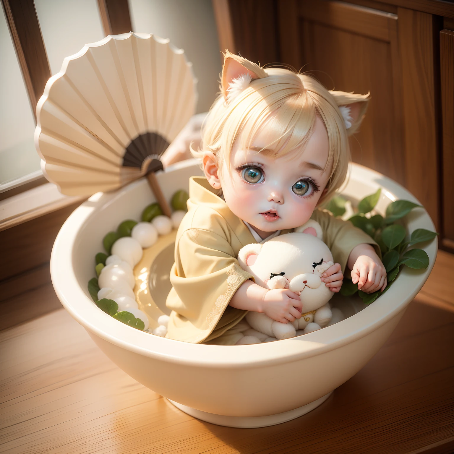 Cute Chibi Anime, Pearl beige and pearl green kimono,Sit in a bowl,Cute Fan