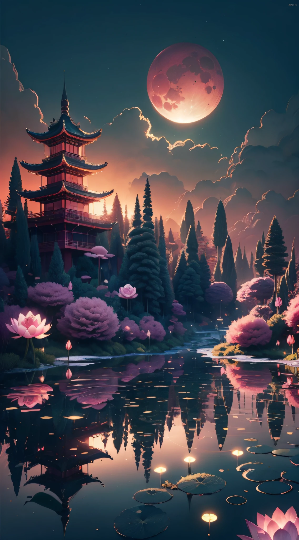 Pink moon，（low-contrast）， A masterpiece in colorful fantasy style， best qualtiy， high qulity， the Extremely Detailed CG Unity 8K Wallpapers，Chinese Traditional illustration style，the night，scenecy， exteriors，Chinese style buildings， mont， Skysky， Cloud fog，No Man， The landscape， Eau， pines，There are lotus flowers on the pond，naturey，award winning photography， Bokeh， depth of fields， hdr， flood， color difference ， Photorealistic and realistic， The is very detailed， trends in art station， Trend of CGsociety， 复杂， high detal， dramatics，art by midjourney