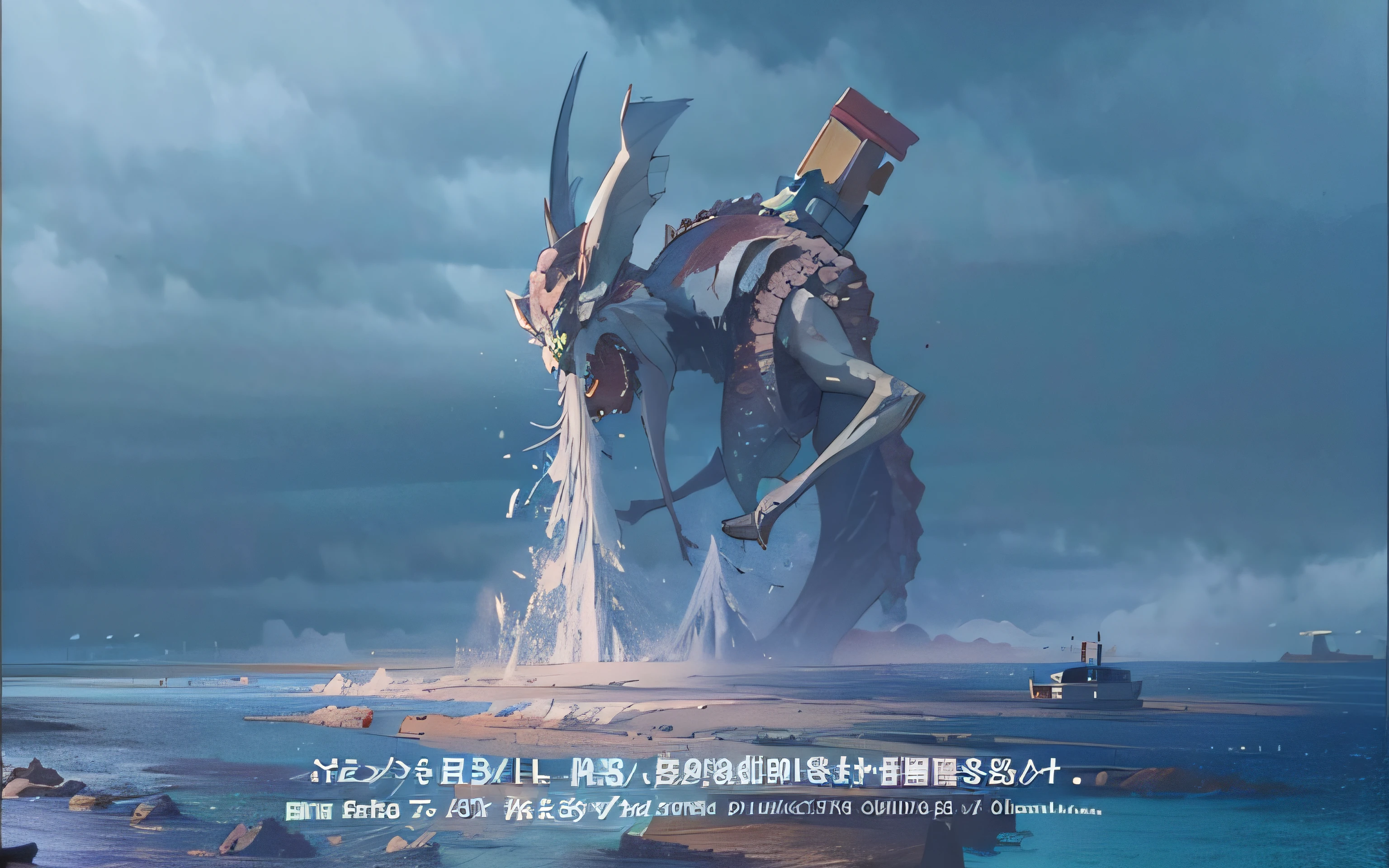 Close-up of aquatic megafauna with boat, anime still film anime shikishi, screenshot from the anime film, Movie 4 K frame grabbing, Screenshot from Black、Huge monsters,World destruction