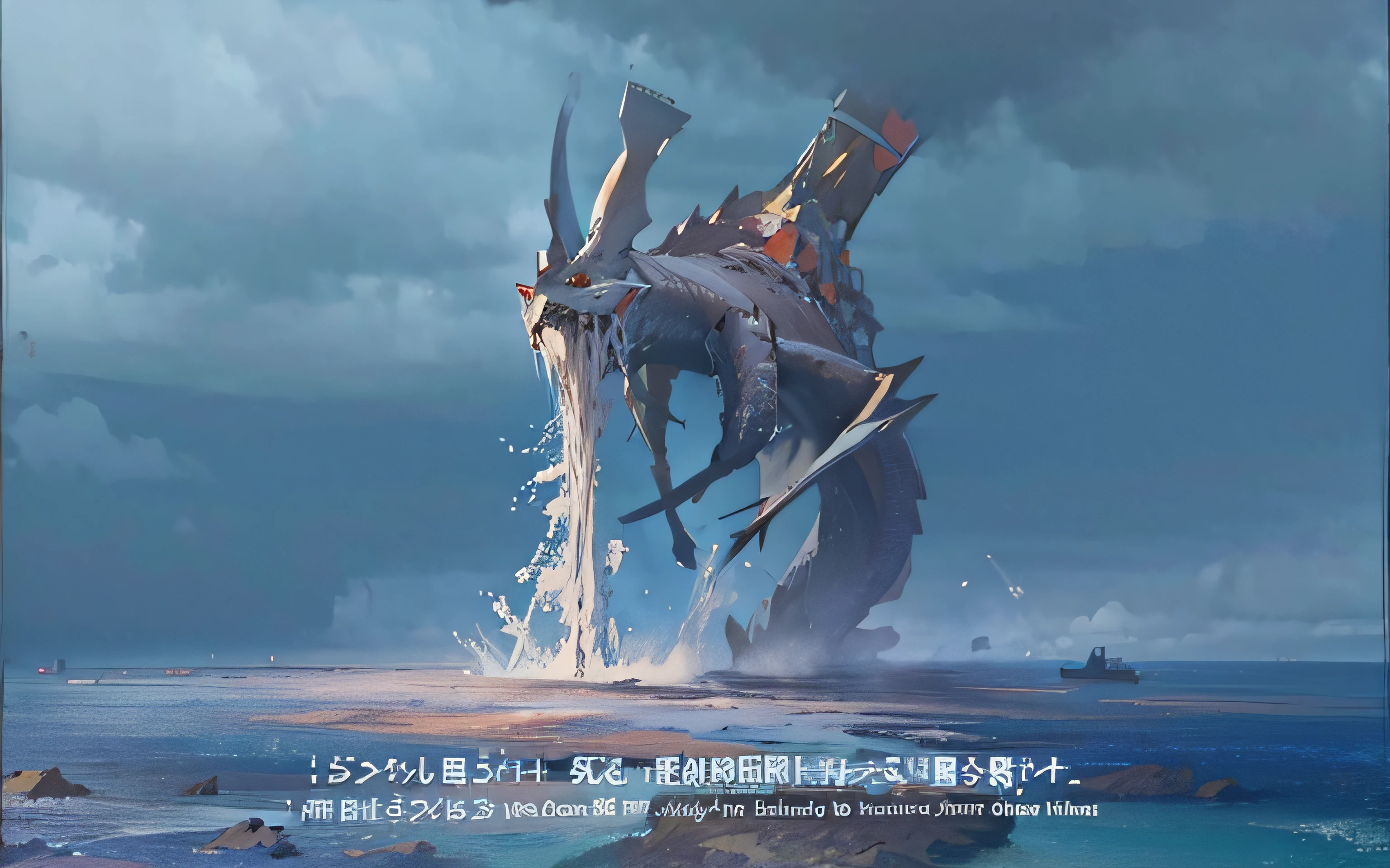 Close-up of aquatic megafauna with boat, anime still film anime shikishi, screenshot from the anime film, Movie 4 K frame grabbing, Screenshot from Black、Huge monsters,World destruction