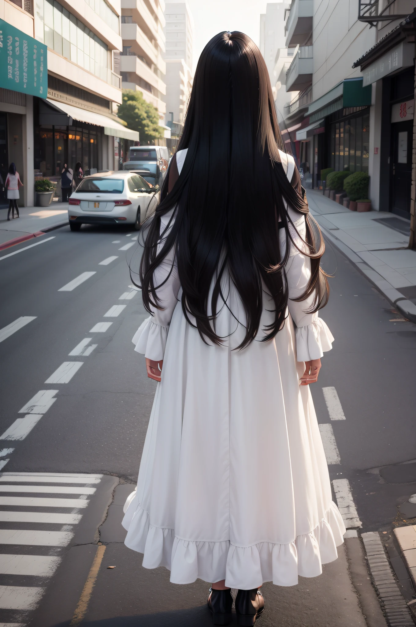 Kizi, 14岁, Back Shadow, long whitr hair, On the roads of the neighborhood, On both sides are tall buildings, a white long skirt, black hair, hair behind ear, blurry foreground, modern, Romanticism, UHD, ccurate, textured skin