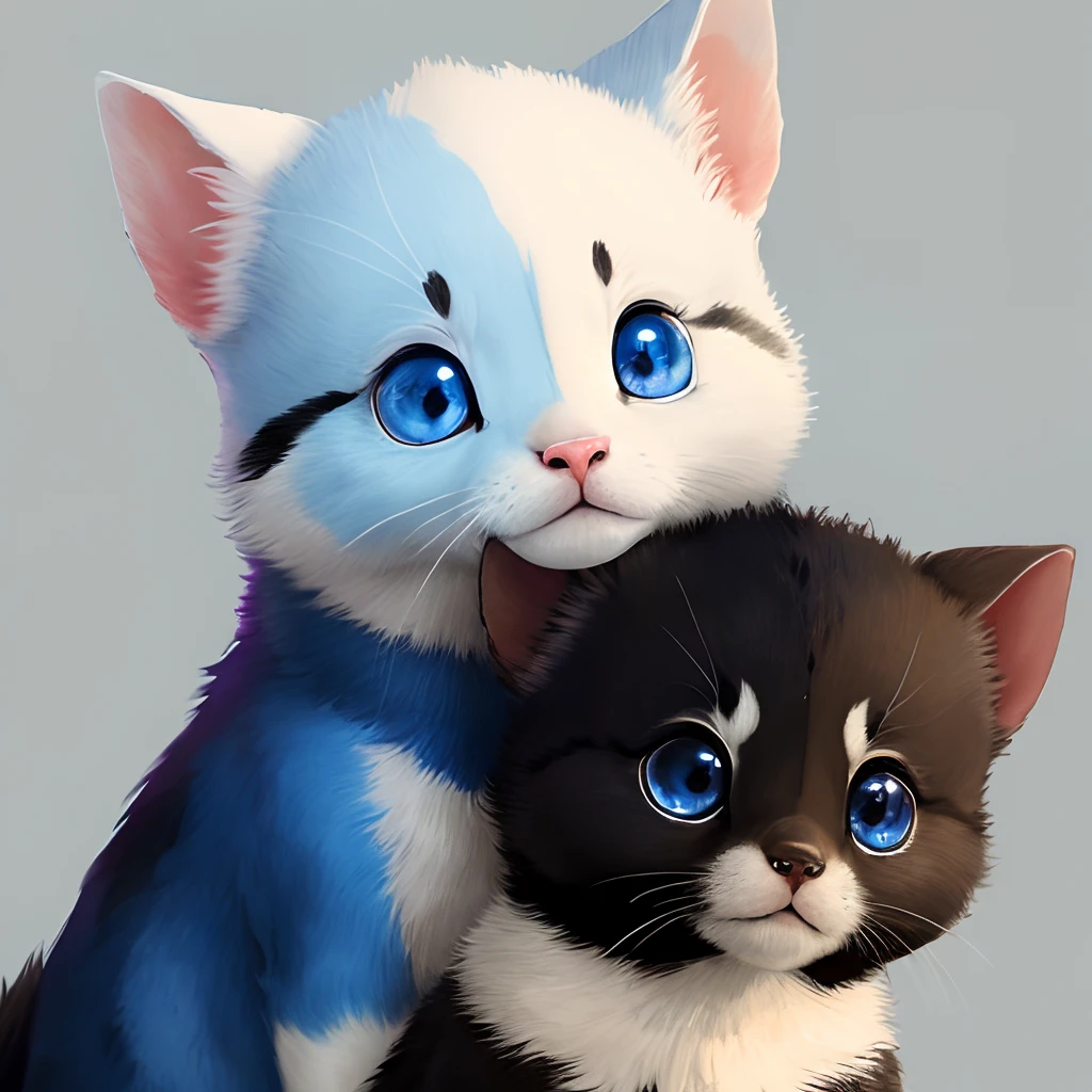 Anime cute Japanese style,Juvenile beasts,The upper part of the head is black,On the upper left and right sides of the nose are white dots,There is a blue dot in the middle,The neck is hairy,The eyes are surrounded by blue