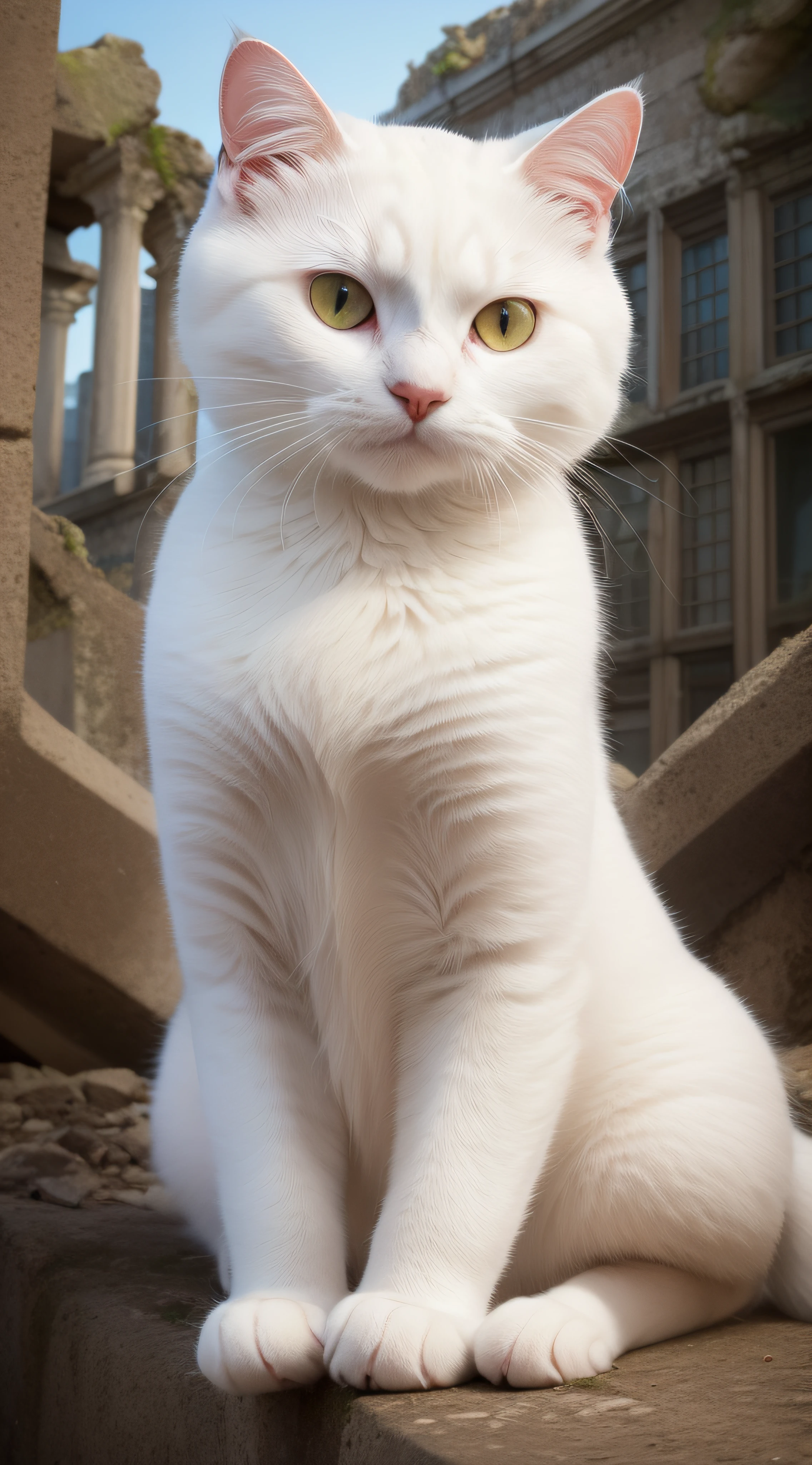 Vicious white cat，Dull yellow eyes，Extreme body detail close-up,White fangs,Sharp claws，Sitting on the ruins,Full body like