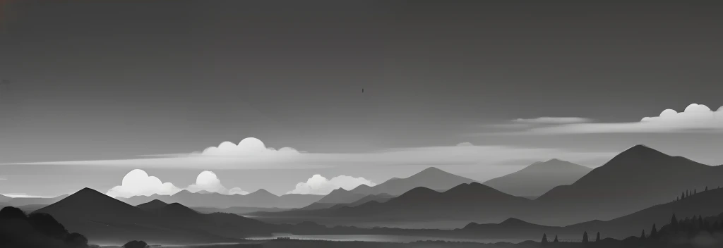 black andwhite，Chinese landscape painting，Banner，The picture is simple，Hazy and elegant，Mountains are on the left and right sides of the picture