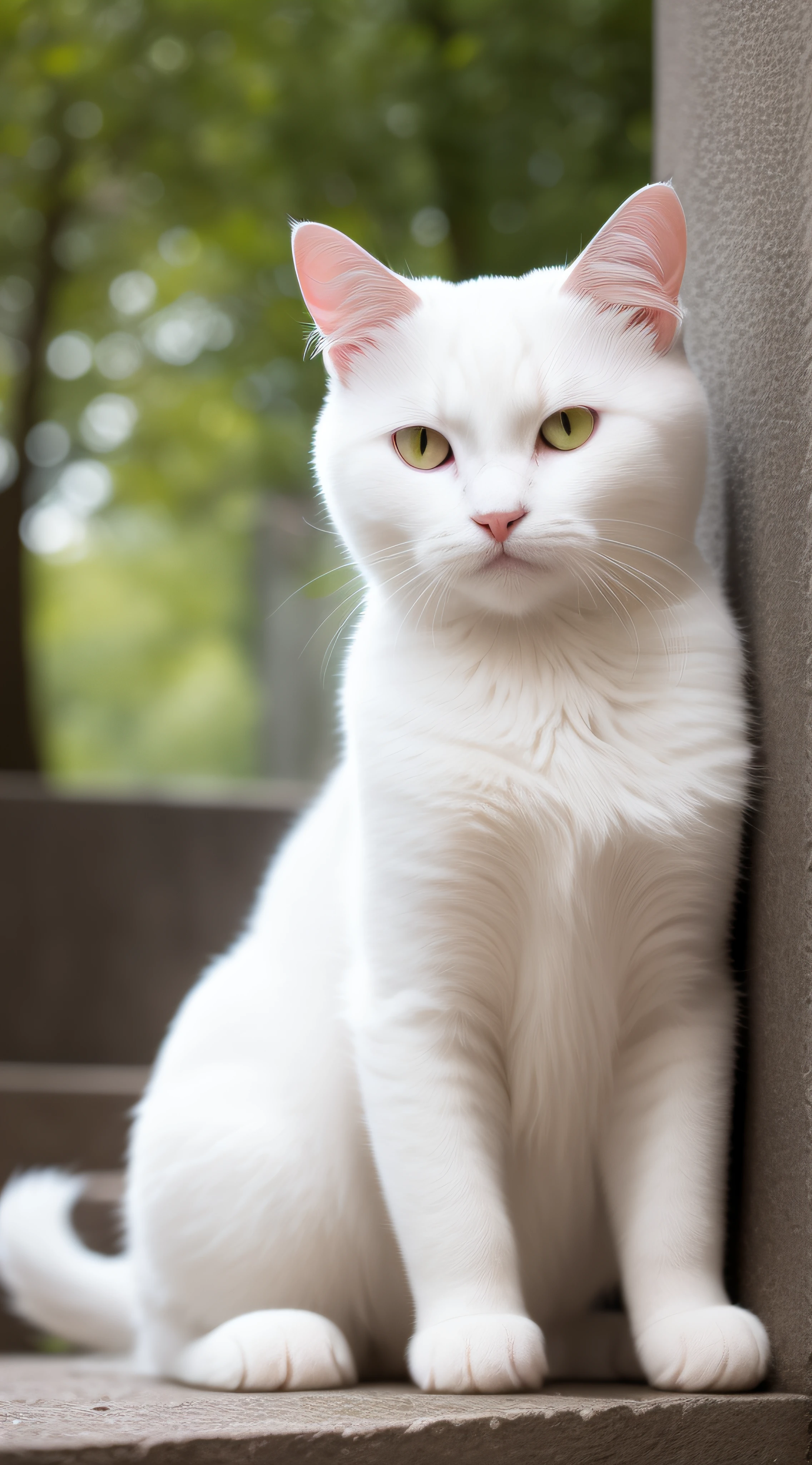 Vicious white cat,Dull yellow eyes,Extreme body detail close-up,White fangs,Sharp claws,Sitting on the ruins,Full body like