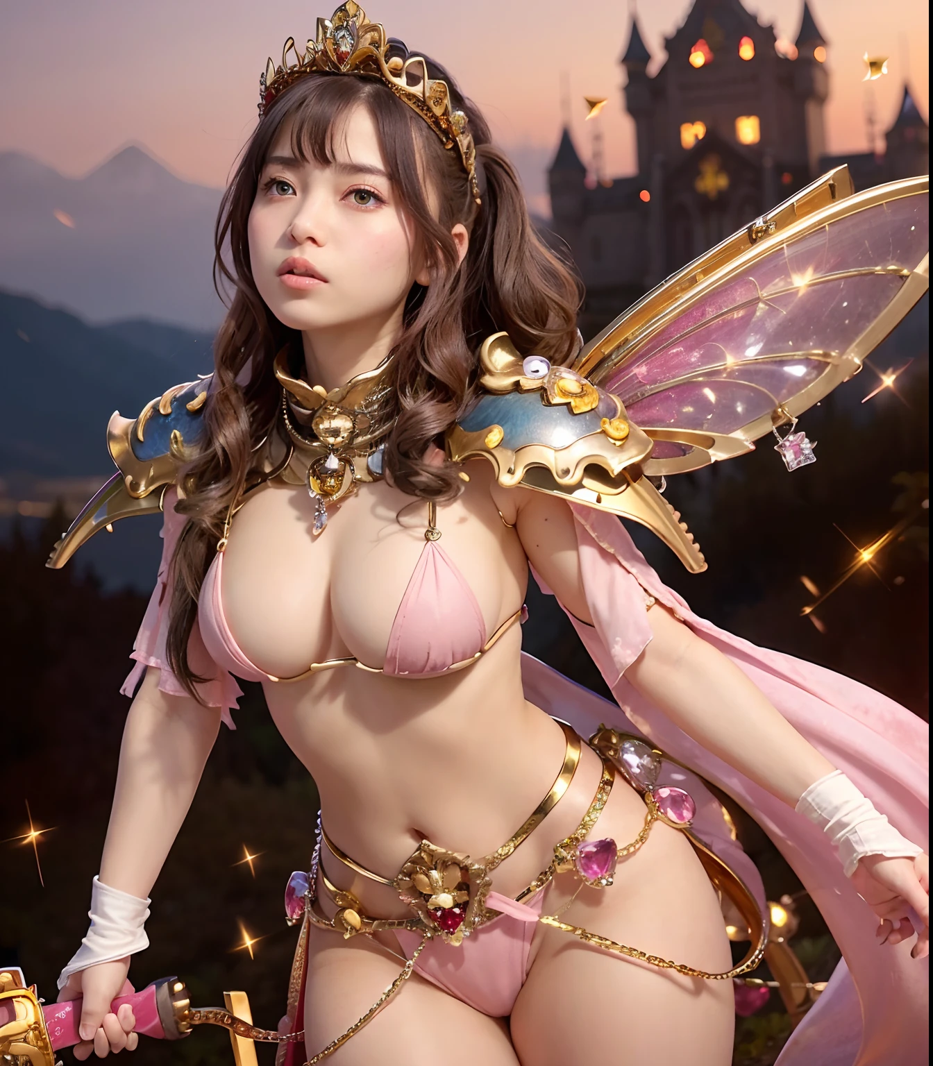 (masutepiece), Professional , masterpiece、top-quality、photos realistic , depth of fields (Gemstone Silver Metal Body:1.9),(Matte Pink、Jewel Gold Weapon、(Gorgeous castle background)、(ultimate beauty girl)、(Fairy wings grow on her)、(Jewel Metal Body:1.9),Gorgeous Jewel Metal Weapons , Detailed Sword of the Brave ,( Iridescent micro bikini) ,warhammer 40k , adepta sororitas,Detail and ornate jewel crown、独奏、Brown hair、(Gangle's forest background)、Beautiful Caucasian beauty、1a person、dynamic ungle,(((Diamond tiara with detail and luxury)))、a small face、Powerful poses、(Gorgeous castle background)、huge filesize、20 year old beautiful woman、Stand in the center of the screen、Thin female fingers、Straight long hair、Beautiful Caucasian beauty、Valley、Hair fluttering in the wind、Particles of light、Iridescent micro bikini、The wind is blowing、