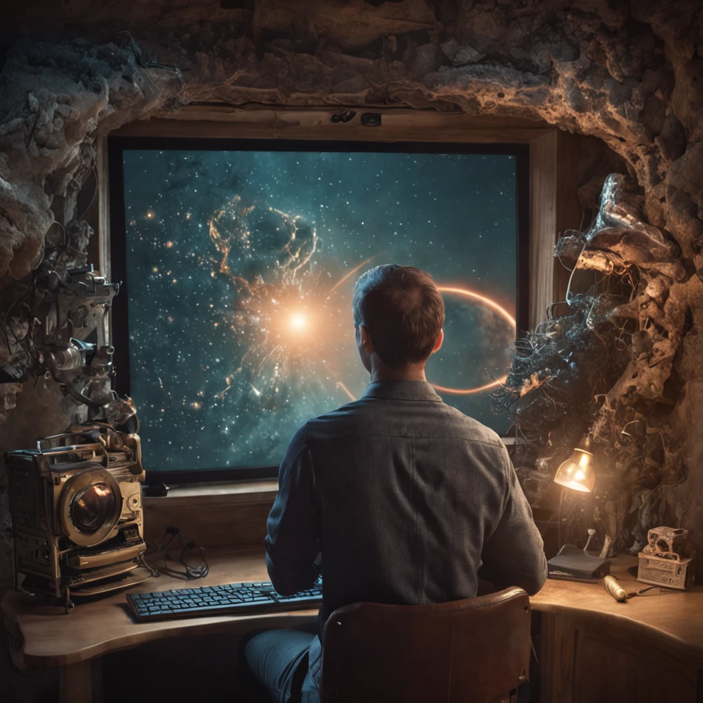 Beautiful surreal programming scenery, Man facing computer and display, Man is touching keyboard, The image is a true surrealist digital work of art, Inspired by the magical work of Maxim Velekhin. Every detail of the illustration is impressive, Emotional blend of fantastic and natural elements. Through photographic manipulation and surrealist techniques, Beyond the boundaries of reality、Take the audience into a universe of imagination and wonder. Style refers to the influence of Alexander Jansson, In a fantastic dreamlike atmosphere, Where Surrealism and Fantasy Meet. Each digital brush stroke is、Carefully crafted to convey unique and captivating beauty. Inspired by Alberto Seveso, The depiction of surrealism is、Fluid strokes bring to life, Remembering the dance of movement and transformation. This beautiful digital art is、It is a celebration of human creativity and the ability to transcend the boundaries of reality, Invites viewers to immerse themselves in a world of imagination and enchantment.