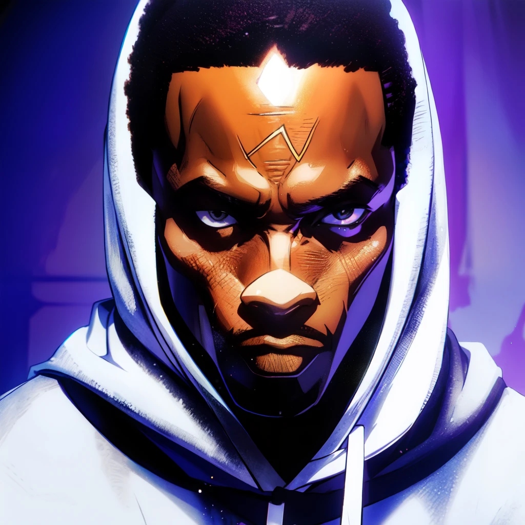 there is an African man in a hoodie looking up at the camera, low quality footage, low quality video, very very low quality picture, selfie, profile picture, looking defiantly at the camera, looking away from camera, showing forehead, hood and shadows covering face, 80's anime style