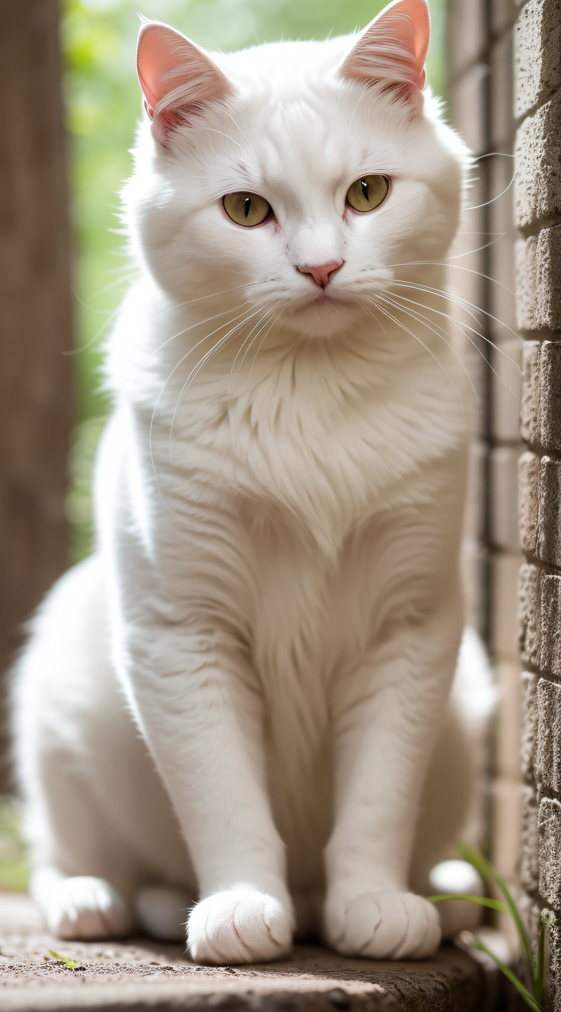 Vicious white cat,Dull yellow eyes,Extreme body detail close-up,White fangs,Sharp claws,Sitting on the ruins,Full body like