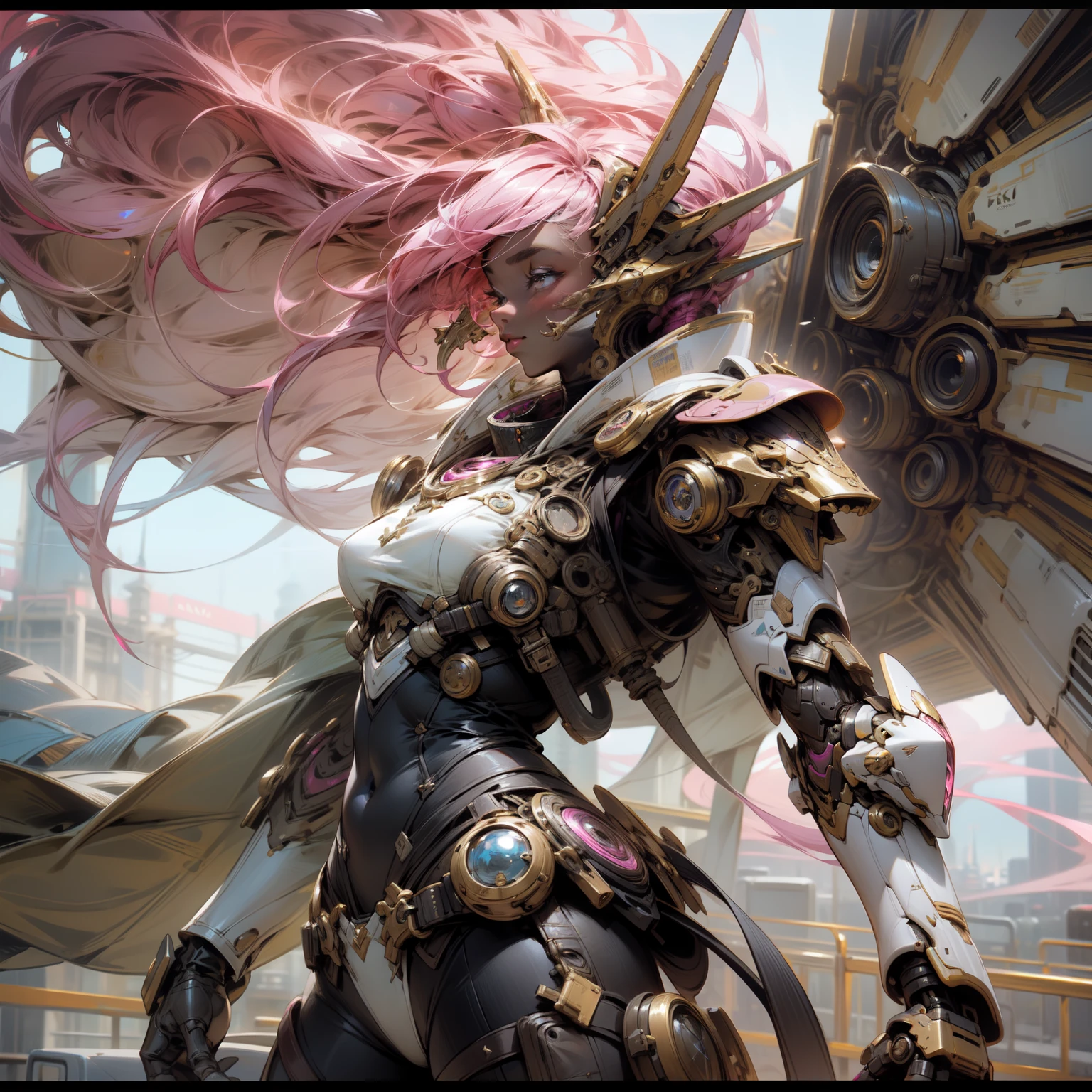 beautiful african american woman cyberpunk imperator, steampunk armor, hero pose, epic cyberpunk style, in pink and white, Venus planet Oasis with lake and moons in the sky, intricate details, 8k, robot dragon army, clear photo taken with Laica, wide shot lens, whole body, HD, UHD, 1080P, 4K, 8k, 16k, masterpiece, ccurate, anatomically correct, textured skin, super detail, high details, high quality, award winning, best quality, highres