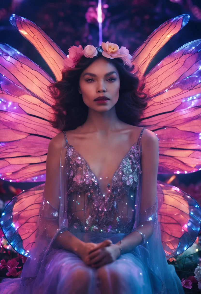 color photo of a mysterious flower fairy with transparent colorful wings, sitting in a divine light, with neon lights, holding a magic wand,axial symmetry, and a magnificent background.silver dress, high heels, flower crown, starry sky background, serene and enigmatic expression, Nikon Z7 II camera, Fujifilm Velvia 50 film, 50mm lens, high saturation, Tim Walker, David LaChapelle, Sofia Coppola, Valentino, Alexander McQueen