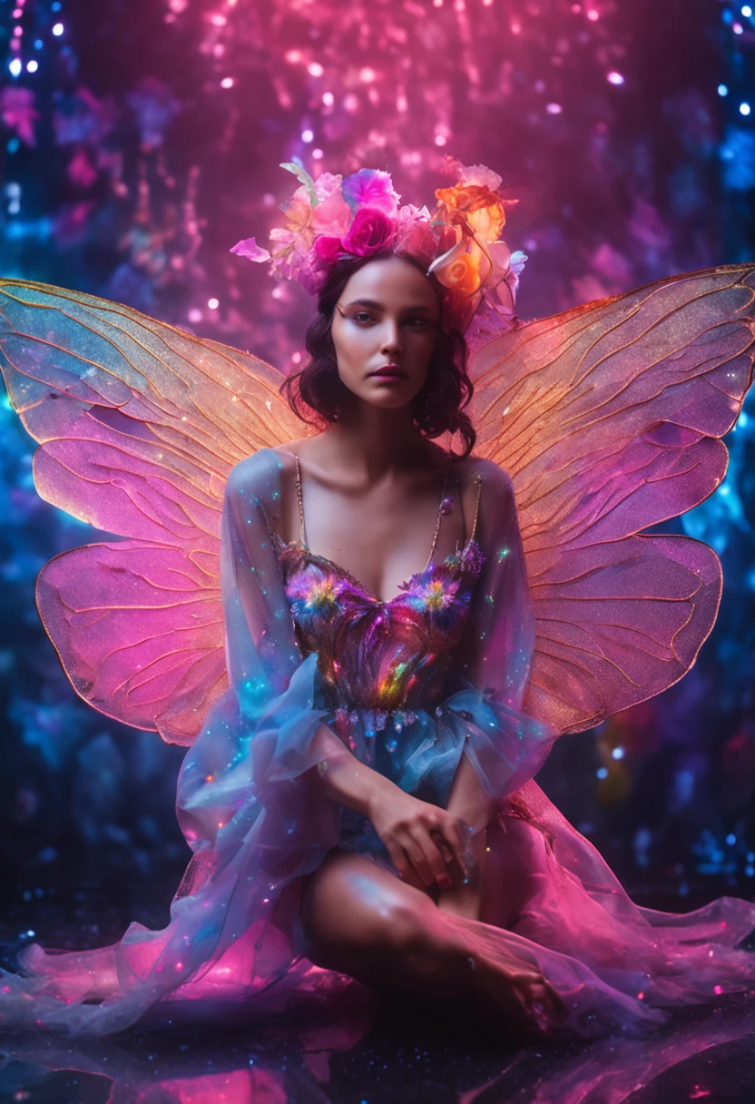 color photo of a mysterious flower fairy with transparent colorful wings, sitting in a divine light, with neon lights, holding a magic wand，axial symmetry, and a magnificent background.silver dress, high heels, flower crown, starry sky background, serene and enigmatic expression, Nikon Z7 II camera, Fujifilm Velvia 50 film, 50mm lens, high saturation, Tim Walker, David LaChapelle, Sofia Coppola, Valentino, Alexander McQueen