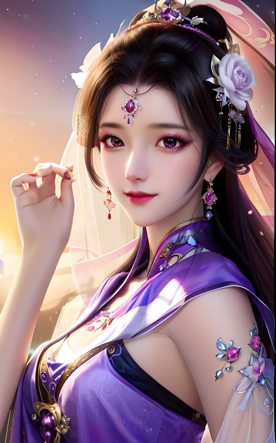 Close-up of a woman wearing a veil in a purple dress, a beautiful fantasy empress, Beautiful character painting, Palace ， A girl in Hanfu, ((a beautiful fantasy empress)), by Yang J, Beautiful digital artwork, inspired by Du Qiong, Chinese girl, beautiful and seductive anime woman, Extremely detailed Artgerm, Inspired by Lan Ying