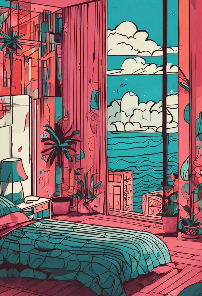 inside in room,janelas,Ocean outside the window,There are clouds indoors,Postmodern art style,pop-art