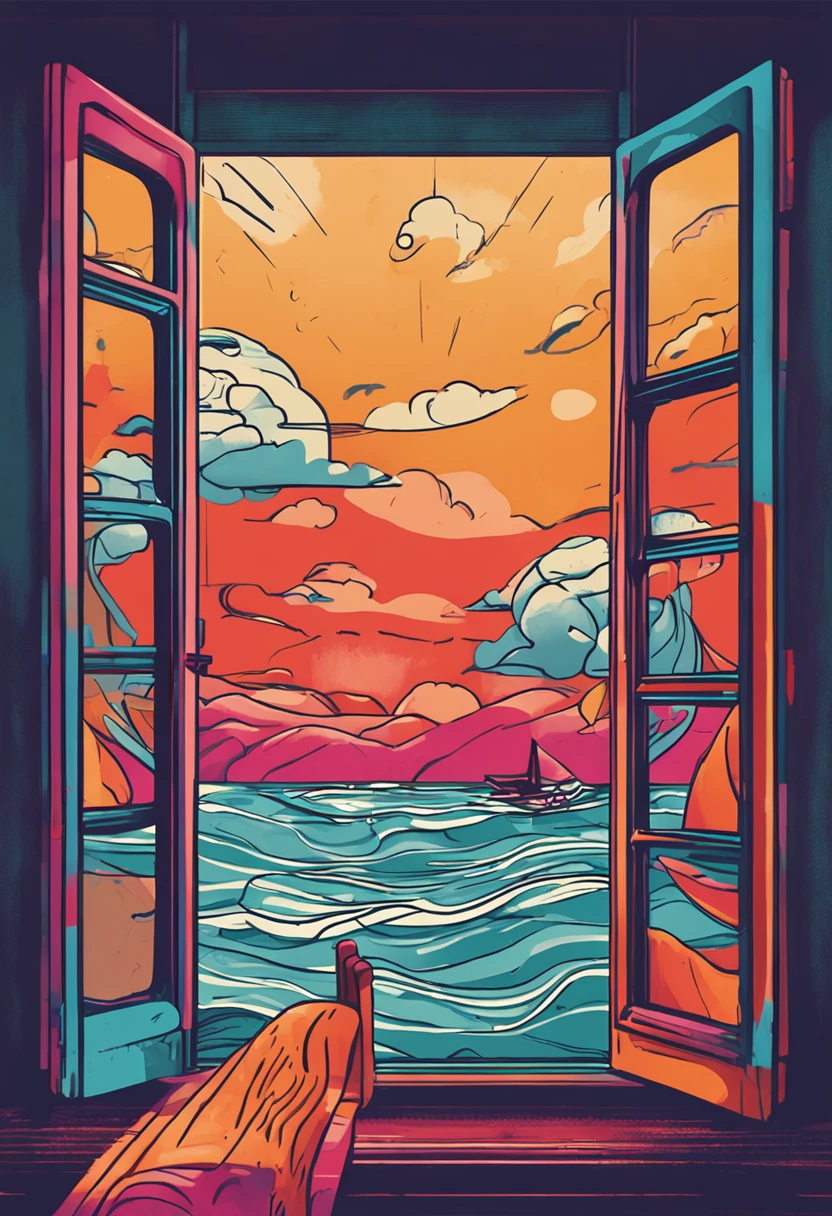 inside in room,janelas,Ocean outside the window,There are clouds indoors,Postmodern art style,pop-art