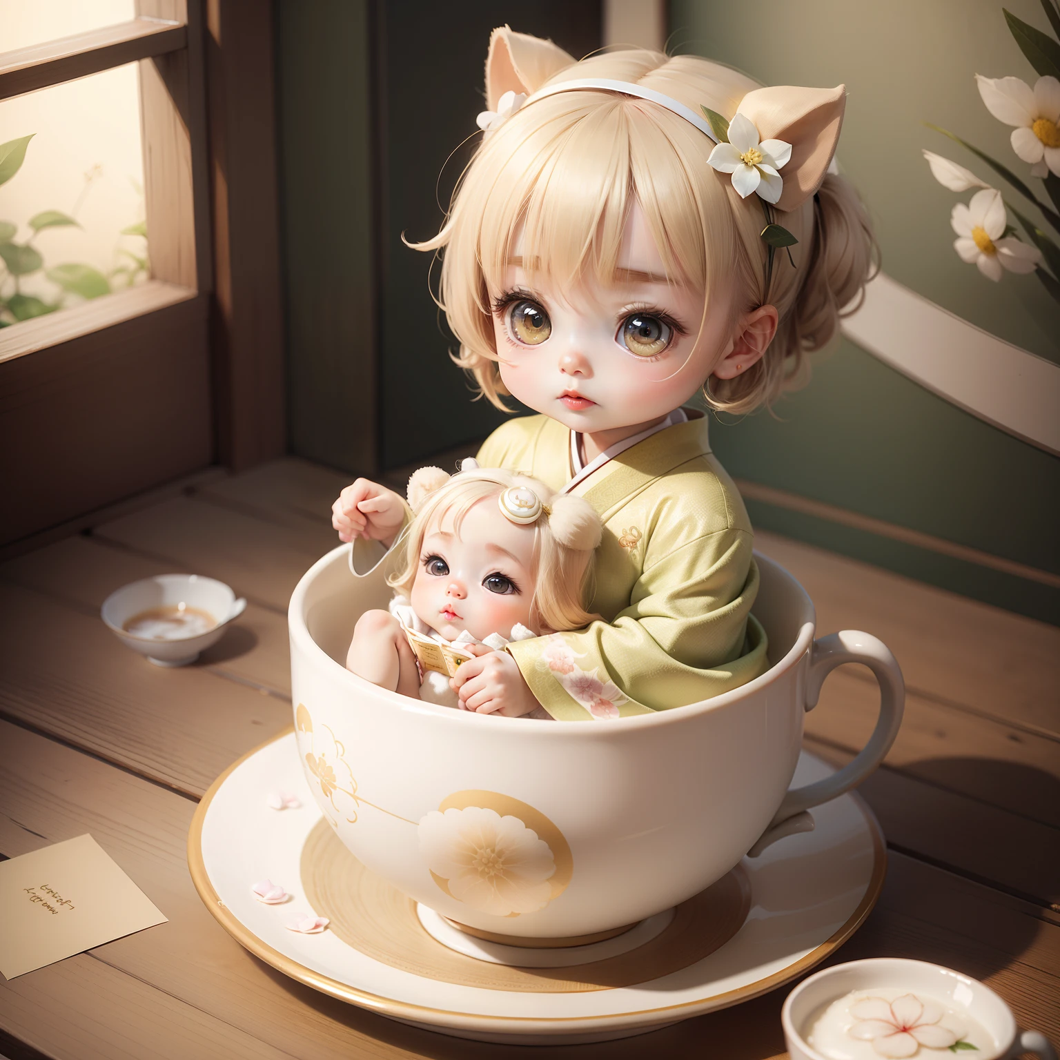 Cute Chibi Anime, Pearl beige and pearl green kimono,Sit in a teacup,love letter