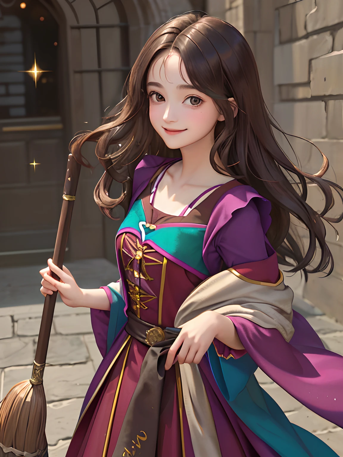 ((masterpiece:1.2), (best quality:1.2), looking at viewer, bare and fair skin,Wizarding world, shimmer reflected on hair, long hair fluttering in the wind, (wavy shoulder length hair), hair middle part, energetic , smily, happy , 15 year old eauropen girl, dark brunette hair, Brown eyes, victorian simple dress, gryffindor, red color, active young girl carry a broom, medium size breast, teenager, charming smile for a lady, harry potter robe, harry potter wizard school, hogwart school, long skirt.