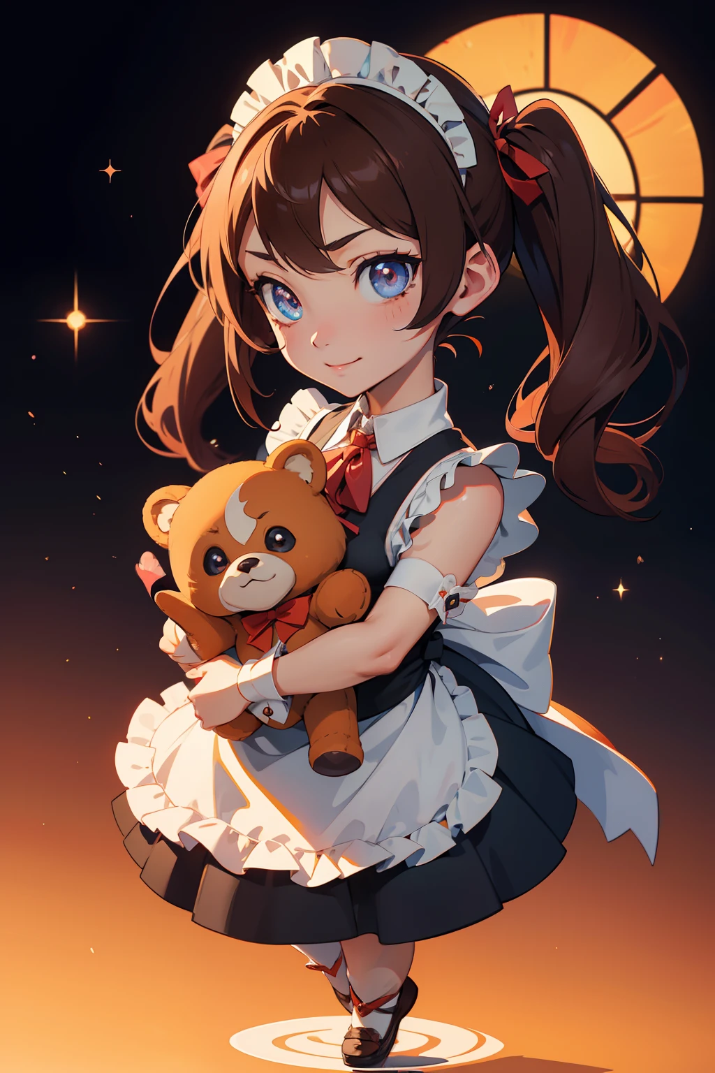 masutepiece, High resolution, 8K, anime woman, Delicate and detailed writing 、Detailed digital illustration、(Chibi:1.2)、（​masterpiece:1.4）、（top-quality：1.4)、（a very pretty girl、hyperdetailed face、Eyes Like Gems、very long light brown hair、Colorful gradient hair:1.4）、（full body Esbian、Perfect two arms、Perfect two legs:1.4）、(Perfect four fingers:1 thumb)、brilliance、Ultra-fine、Pigtails、细致背景、Fantastical、Underexposed eyes、(((maid clothes)))、There is a red ribbon on the clothes、Fantastic background、eyes large and double,,,、Eyes are orange gradients、Sparkly orange pupils、Has a stuffed bear、Soothing、Greet with your best smile、Highly detailed and beautiful castle interior background