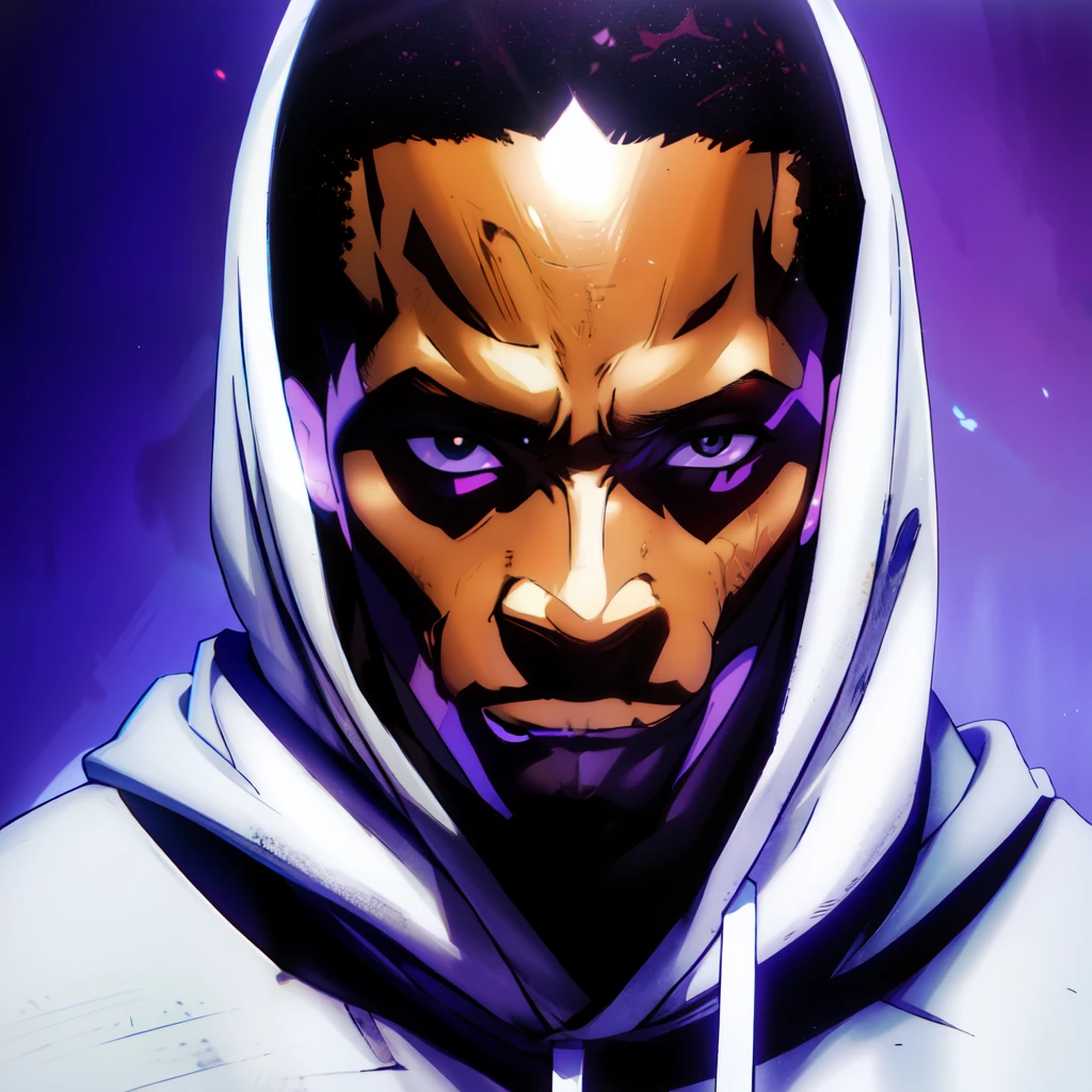 there is an African man in a hoodie looking up at the camera, low quality footage, low quality video, very very low quality picture, selfie, profile picture, looking defiantly at the camera, looking away from camera, showing forehead, hood and shadows covering face, 80's anime style