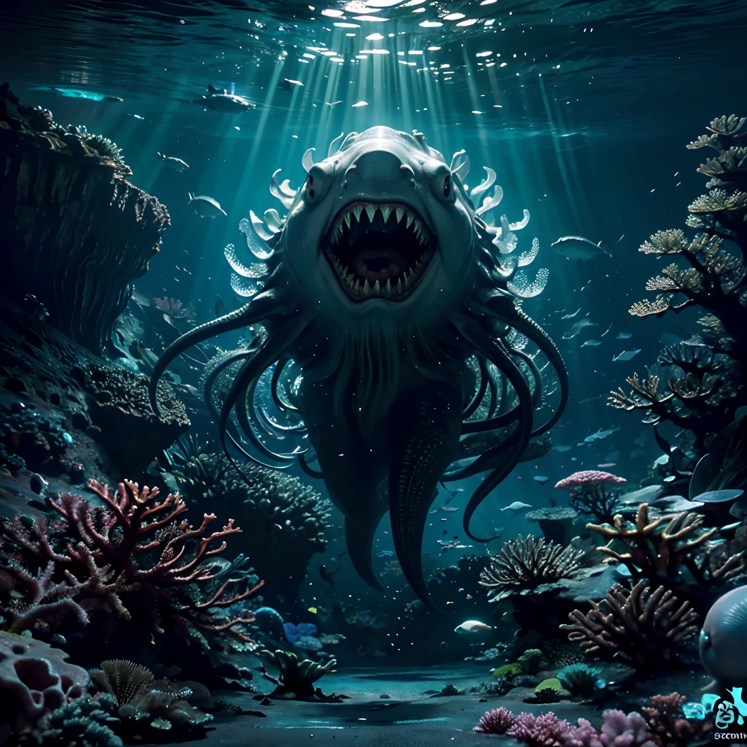 Mutated undersea plants，Irradiated sharks，Deep sea background, Undersea scene, ,jelly fish, Irradiated coral reefs, Sea of Radiation, Dynamic Angle, Break,Detailed,Realistic,4k highly detailed digital art,rendering by octane, Bio-luminescence, Break free from 8K resolution concept art, Realism,by Mappa Studios,Masterpiece,Best quality,Artistically,illustration,清晰的线条,Perfectcomposition，Corroded coral reefs