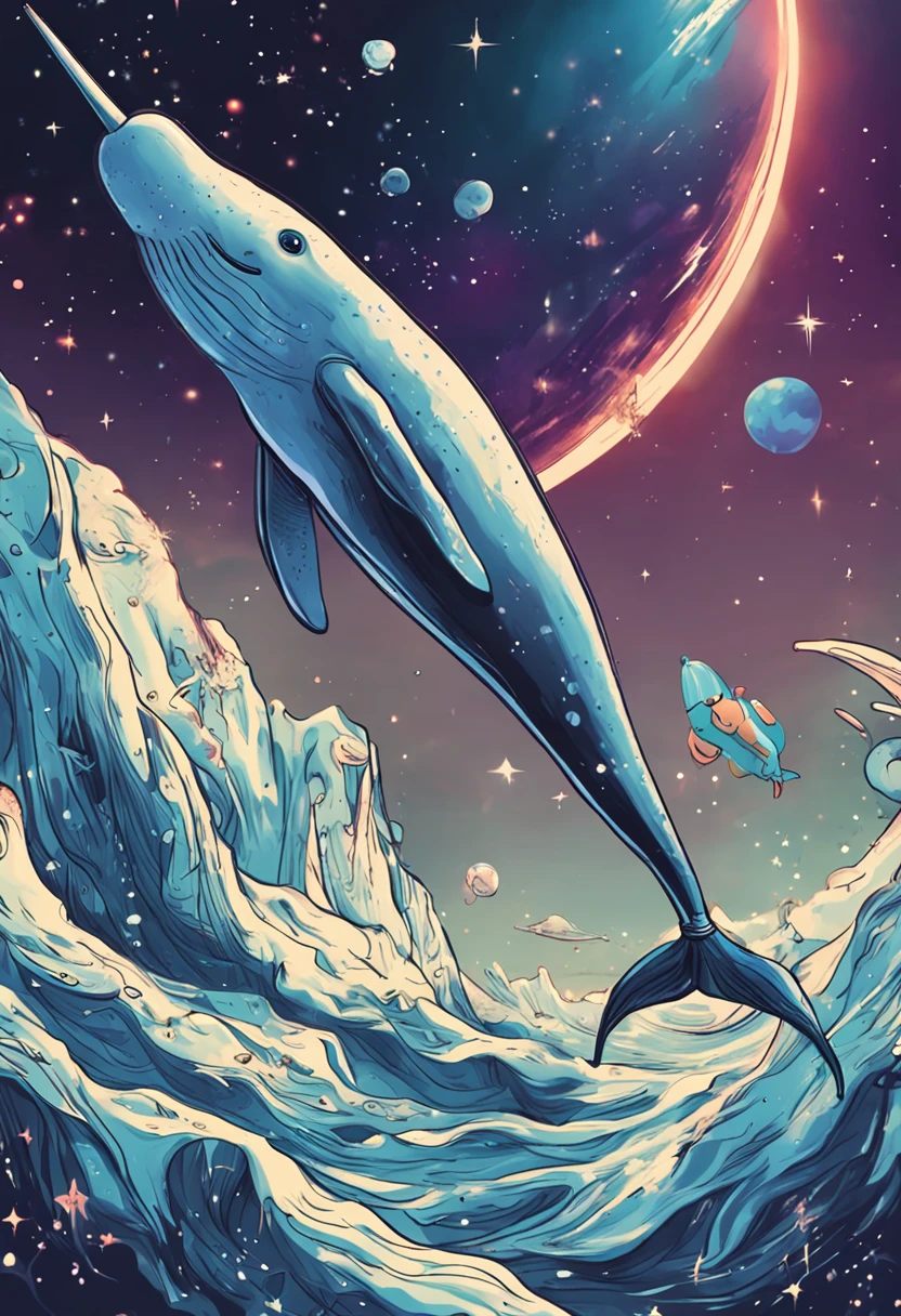Narwhal floating in space wearing a helmet