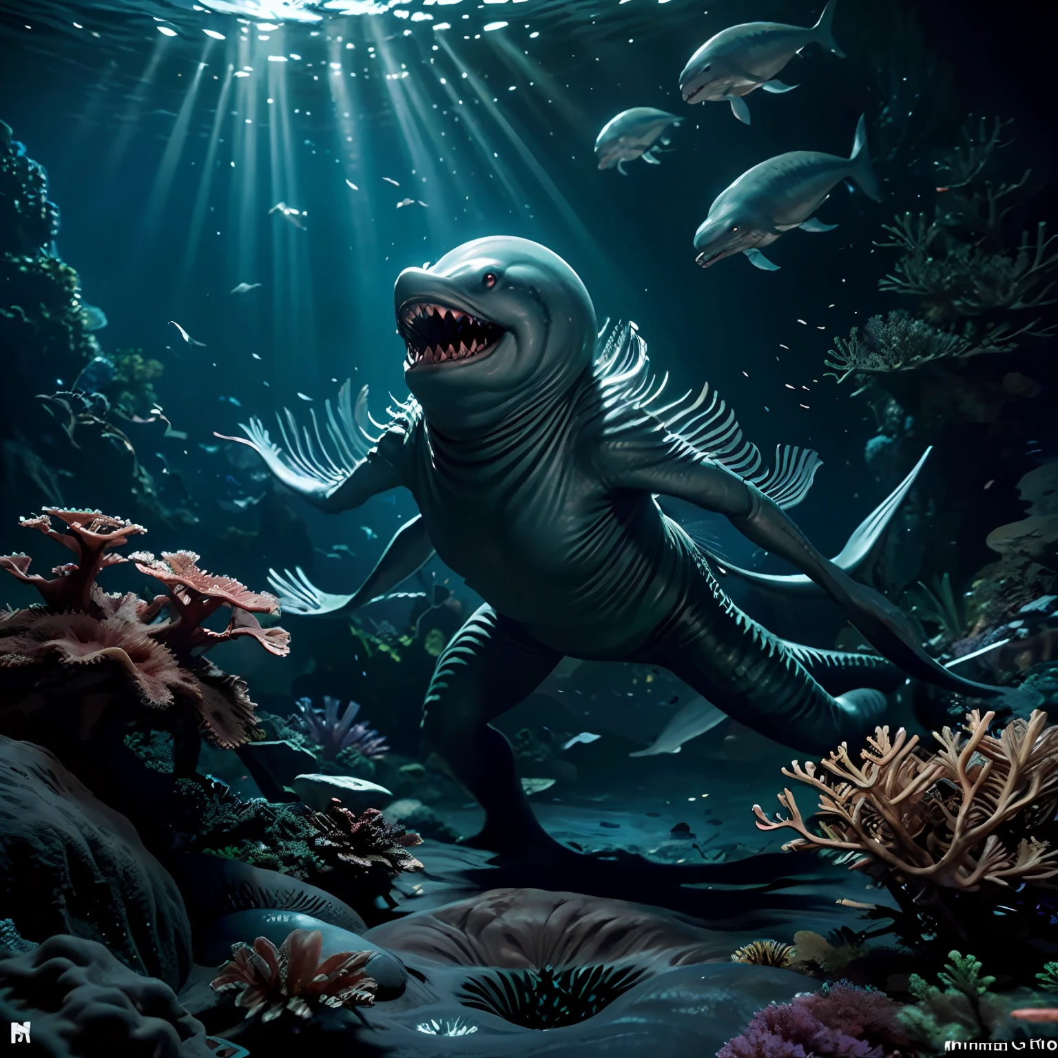 Mutated undersea plants，Irradiated sharks，Deep sea background, Undersea scene, ,jelly fish, Irradiated coral reefs, Sea of Radiation, Dynamic Angle, Break,Detailed,Realistic,4k highly detailed digital art,rendering by octane, Bio-luminescence, Break free from 8K resolution concept art, Realism,by Mappa Studios,Masterpiece,Best quality,Artistically,illustration,清晰的线条,Perfectcomposition，Corroded coral reefs