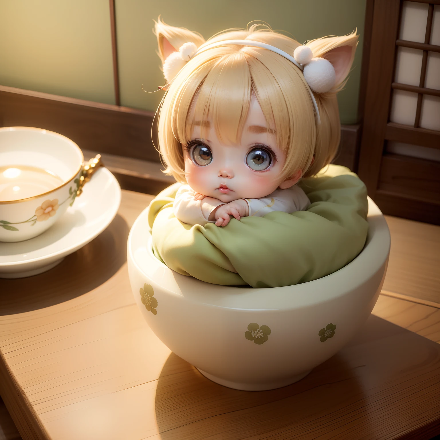 Cute Baby Chibi Anime, Pearl beige and pearl green kimono,Sit in a teacup,Cute Japanese-style room