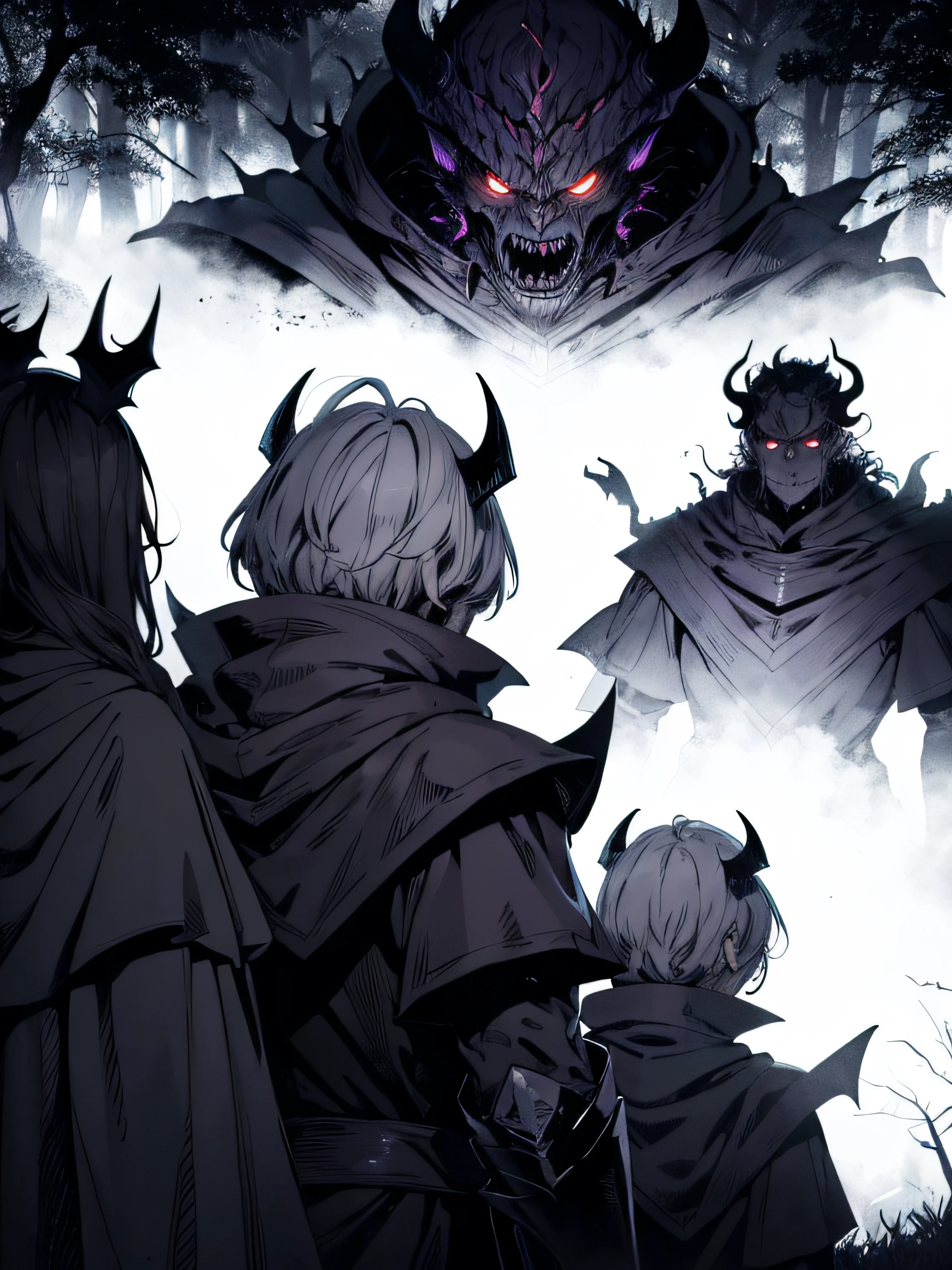 7 knights looking at a eltrich demonic entity scared for there lives, getting ready to fight in a dark forest as manga comic panel, manga drawing, manga shading, berserk art style, 4k, horror drawing