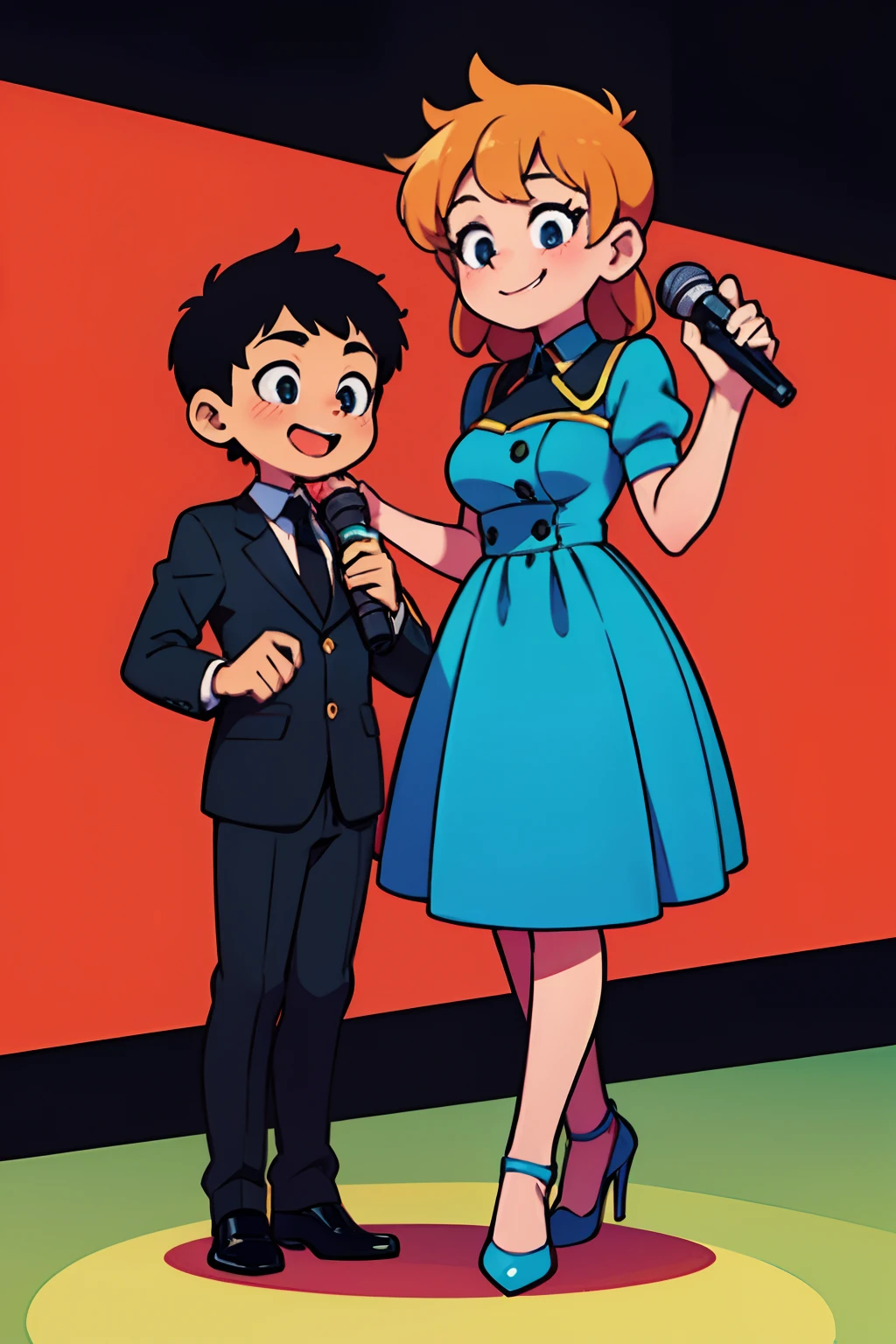 A cute little girl in black business clothes and a cute little boy in black business clothes,standing on your feet,Full body photo,Q version,holding a mic,Interview another person with a smile
