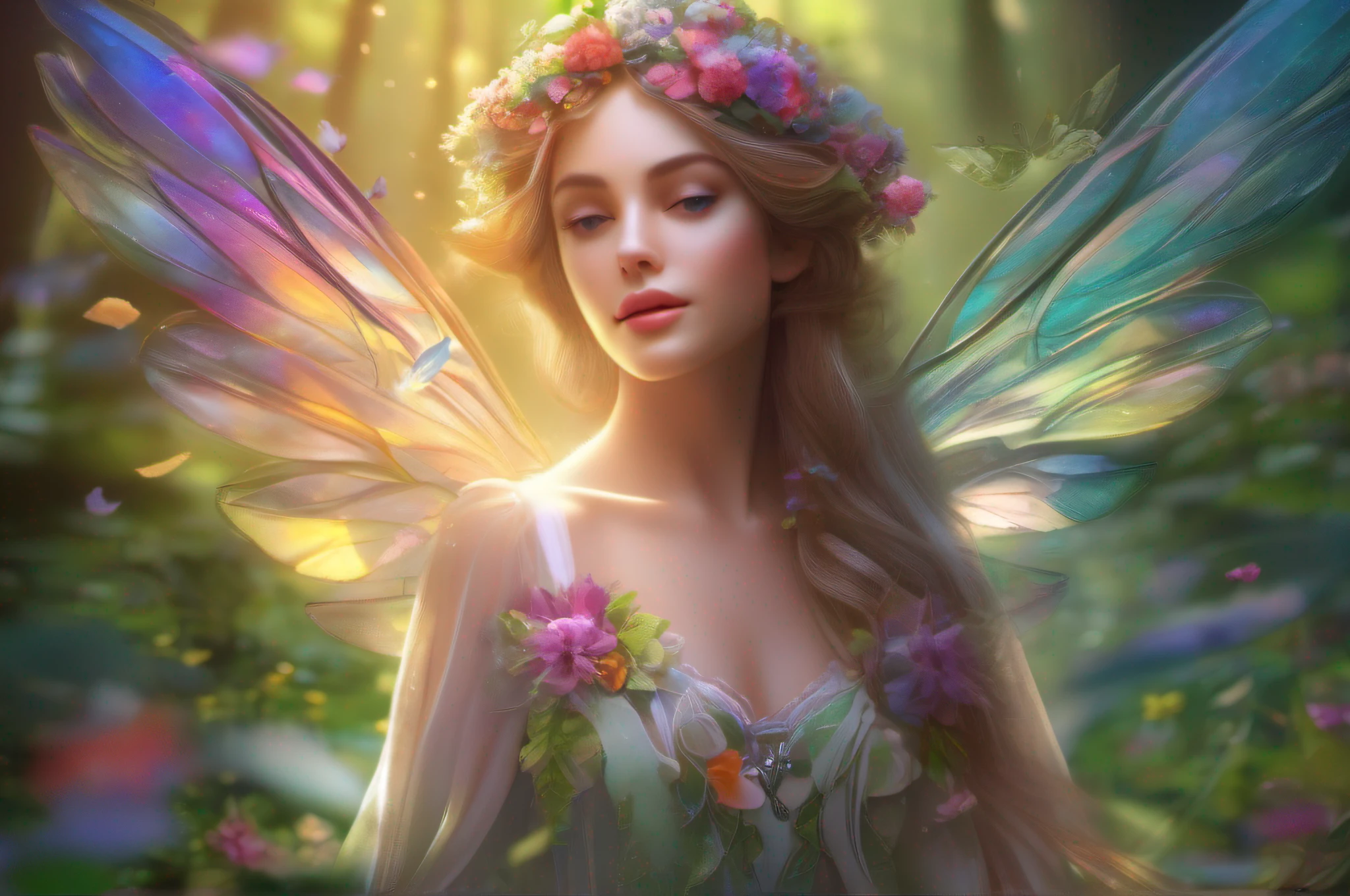 "A mesmerizing Flower Fairy with vibrant, multicolored wings and delicate petals floating around her. She radiates a ethereal glow in a dreamy forest, surrounded by lush foliage and shimmering sunlight. Her graceful pose captures her enchanting presence, while the gentle breeze carries the sweet scent of flowers. Capture the magical essence of this scene in an ultra-detailed, high-quality CG unity 8K wallpaper masterpiece."