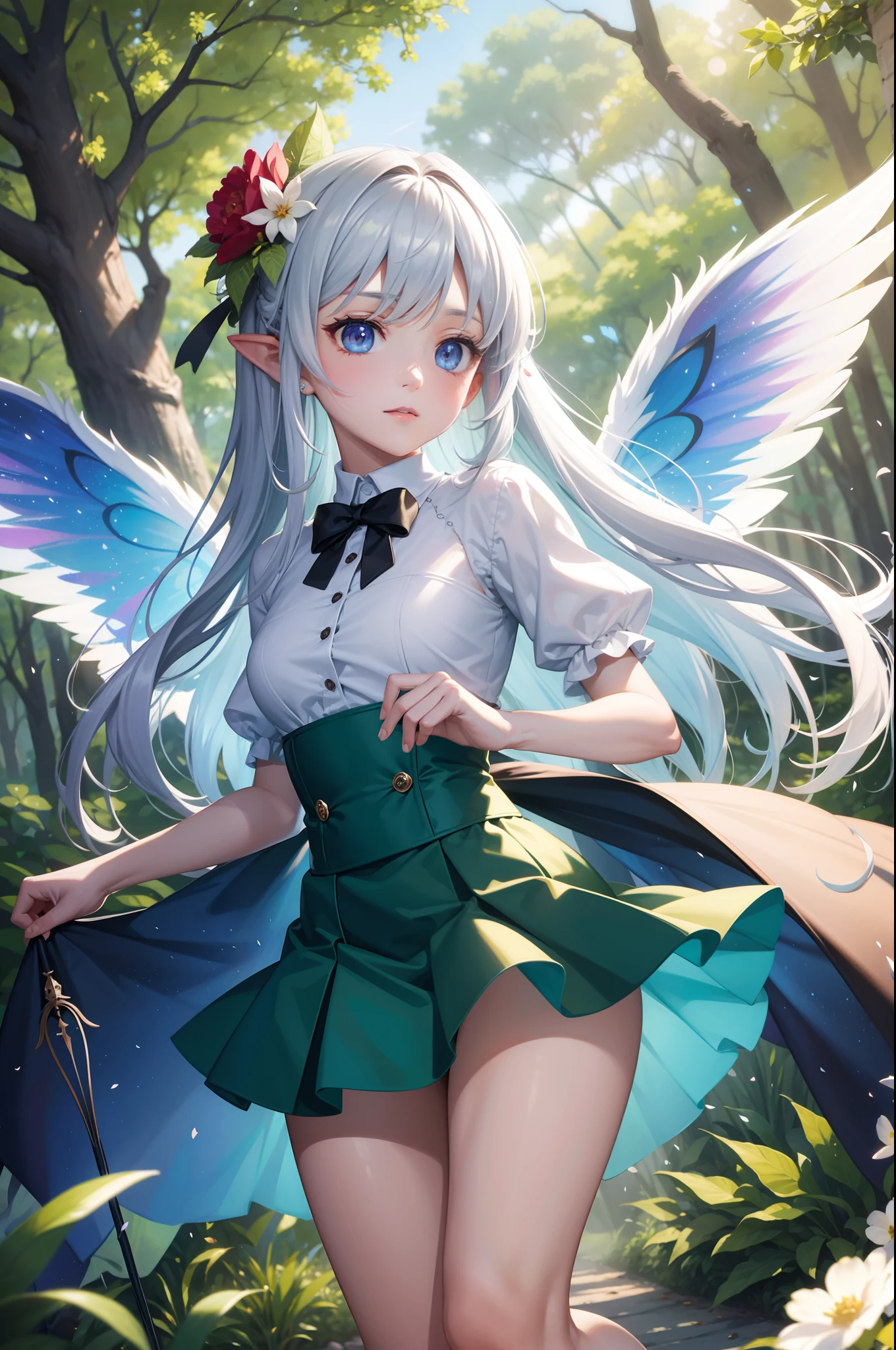 ln the forest,Flower fairy, A skirt made of petals,Transparent colorful wings, Magic wand,depth of fields,high light,Real light,Ray traching,oc rendered,Hyper-realistic,best qualtiy,8K,Works of masters,super-fine,Detailed pubic hair,Correct anatomy,sharp focus on eyes,Bokeh,Facial features are carefully depicted