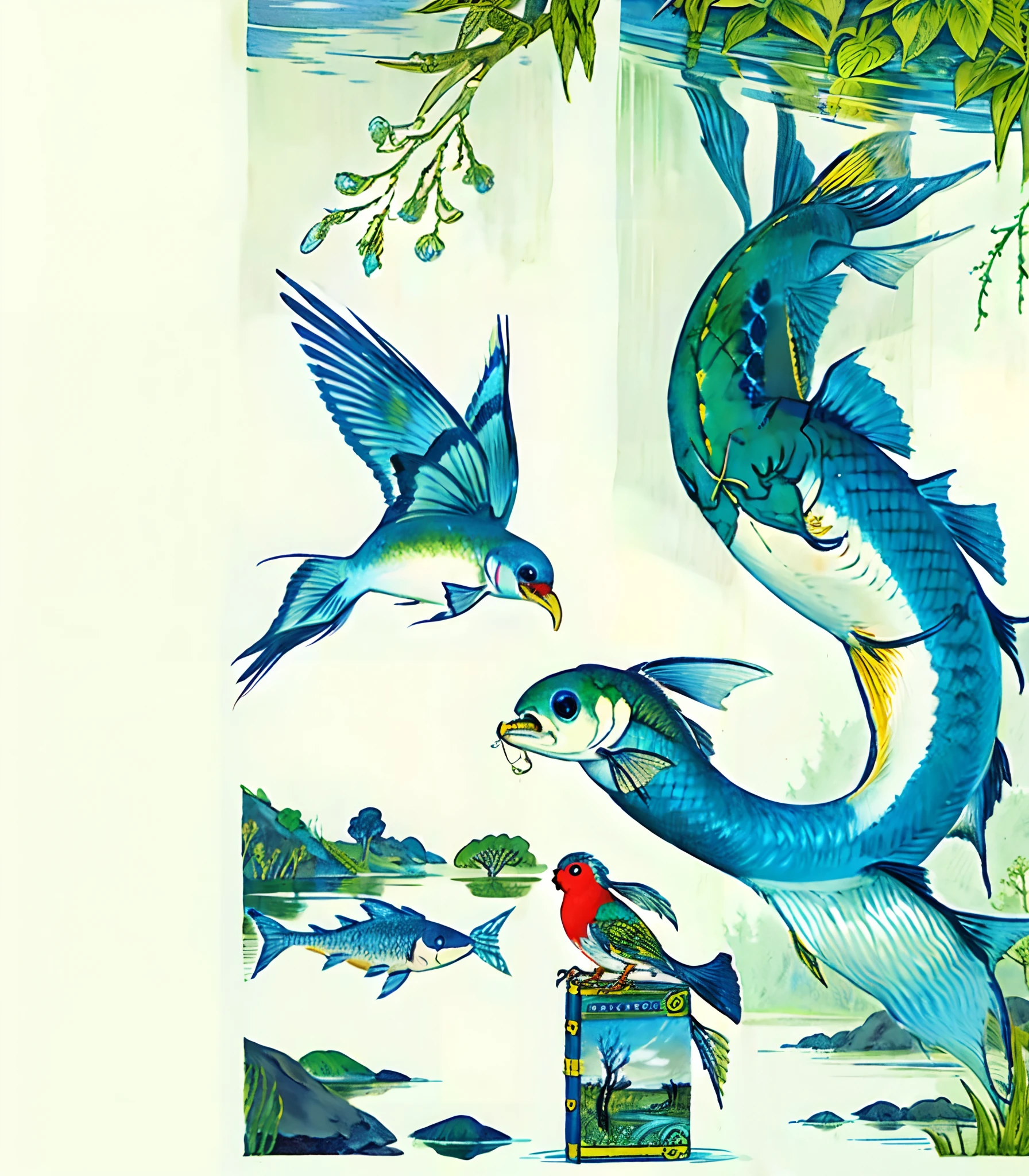 There is a picture of a book,There is a picture of a bird flying over a body of water,Photos of big fish eating small fish in the water, detailed book illustration, extract《《naturey》Magazines》, textbook illustration in clolour, scientific depiction, book illustrations, full page illustration, inspired by Maria Sibylla Merian, naturalist illustration, encyclopedia illustration, inspired by Richard Doyle, author:Karl Volk