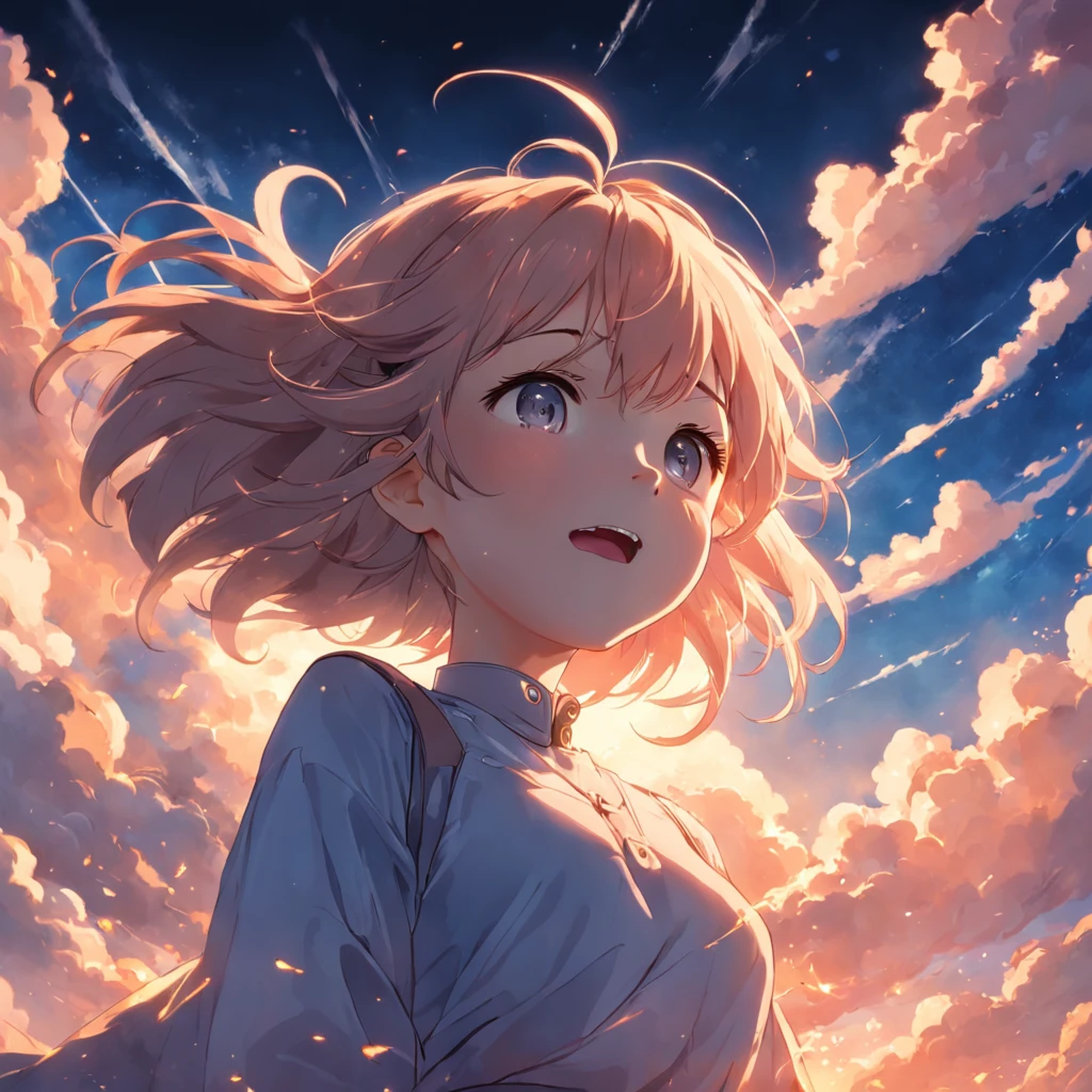 masterpiece, best quality, movie still, 1girl, cloud girl, floating in the sky, close-up, bright, happy, warm soft lighting, sunset, (sparks:0.7)