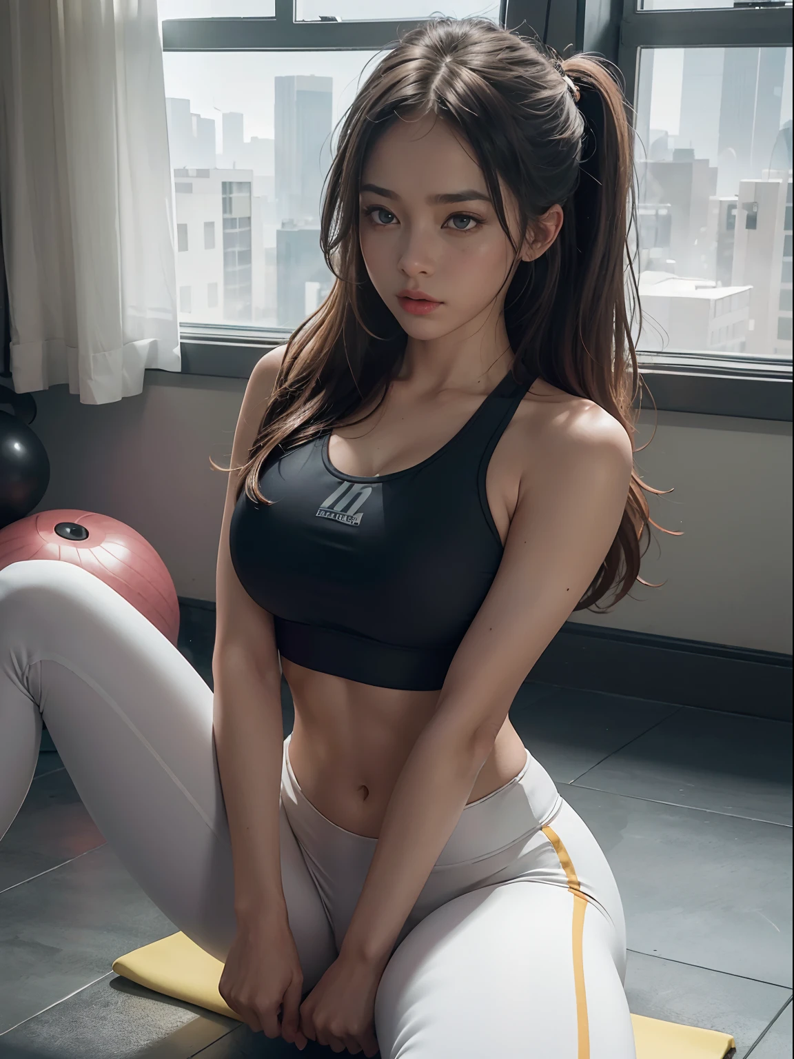 （best qualtiy）Meticulous sportswear girl，Sit on the floor of the gym，spread their legs，Camel toes，Wear delicate white skinny yoga pants and a sports bra，Protruding small abdominal muscles，And adds a cinematic touch to the scenes in the super one，huge tit，Film lighting completes the overall atmosphere