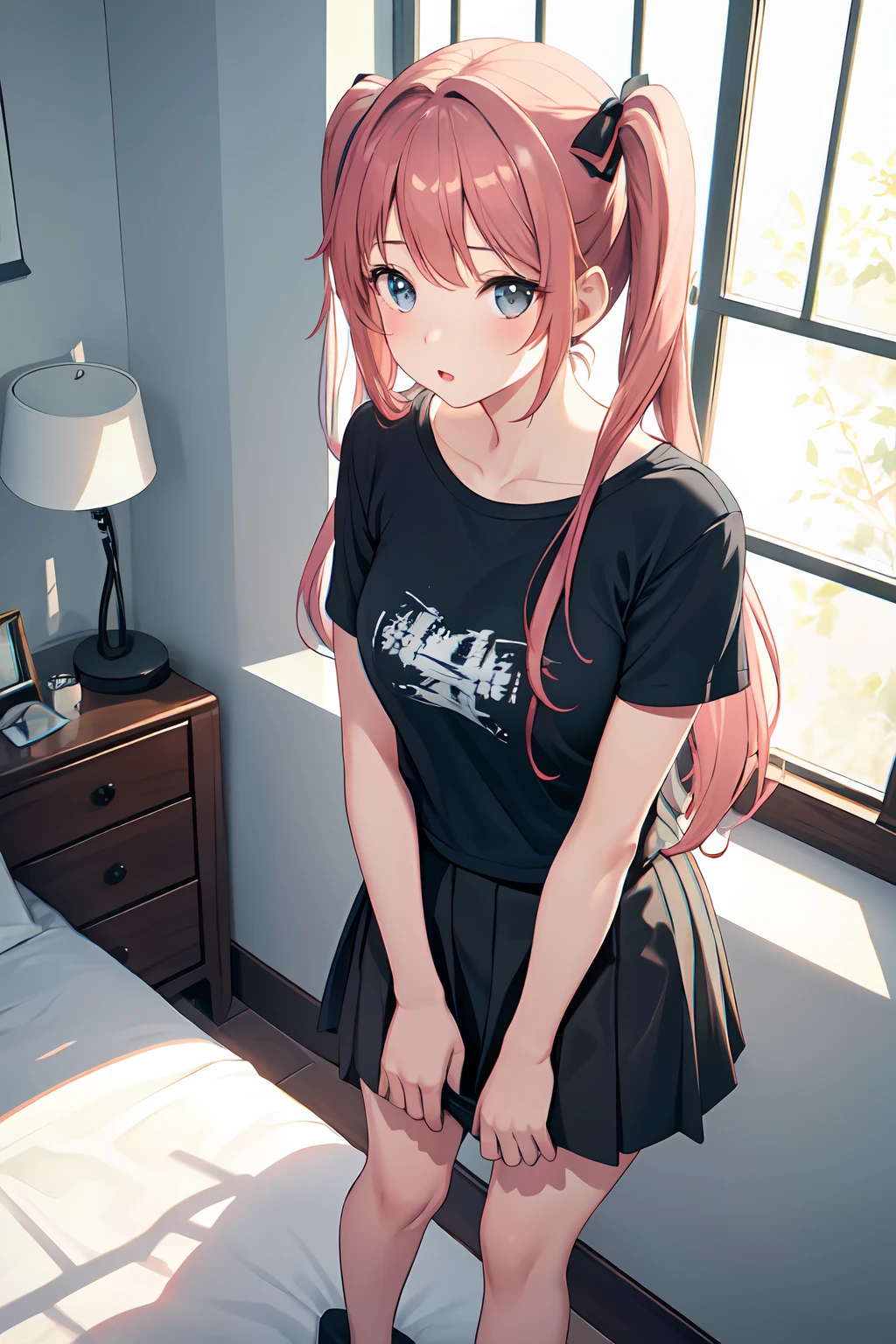 1girl, pov, from above, standing, casual clothes, twintails, t-shirt, skirt, bedroom, wall, window, wide angle