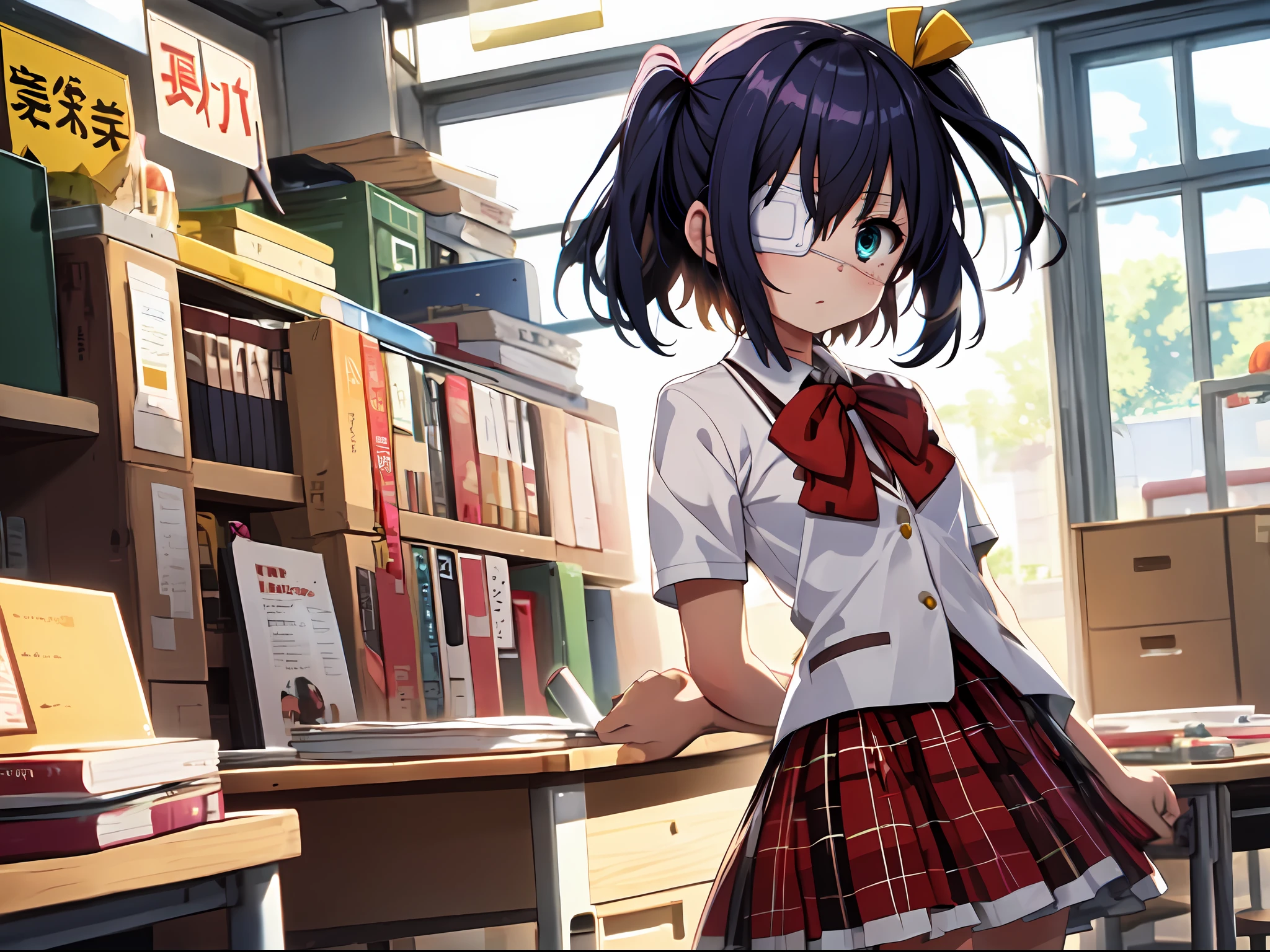 (masterpiece, best quality:1.2), cowboy shot, solo, 1girl, takanashi rikka, expressionless, looking at viewer, arms behind back, one side up, ahoge, blue eyes, medical eyepatch, school uniform, jacket, plaid skirt